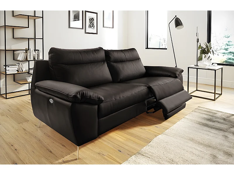 Luxe 3-zitsbank van dik Italiaans leer met 2 elektrische relaxen, PERINI, chocolade