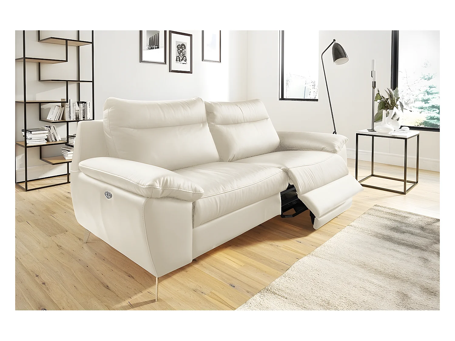 Canapé 3 places avec 2 relax électriques en 100% tout cuir épais de luxe italien, PERINI, blanc cassé