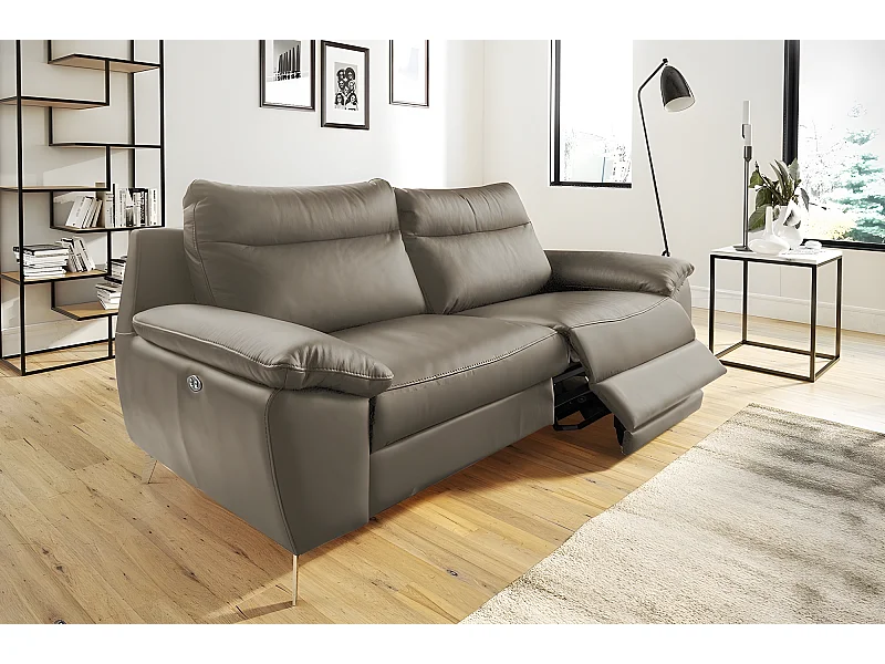 Canapé 3 places avec 2 relax électriques en 100% tout cuir épais de luxe italien, PERINI, taupe