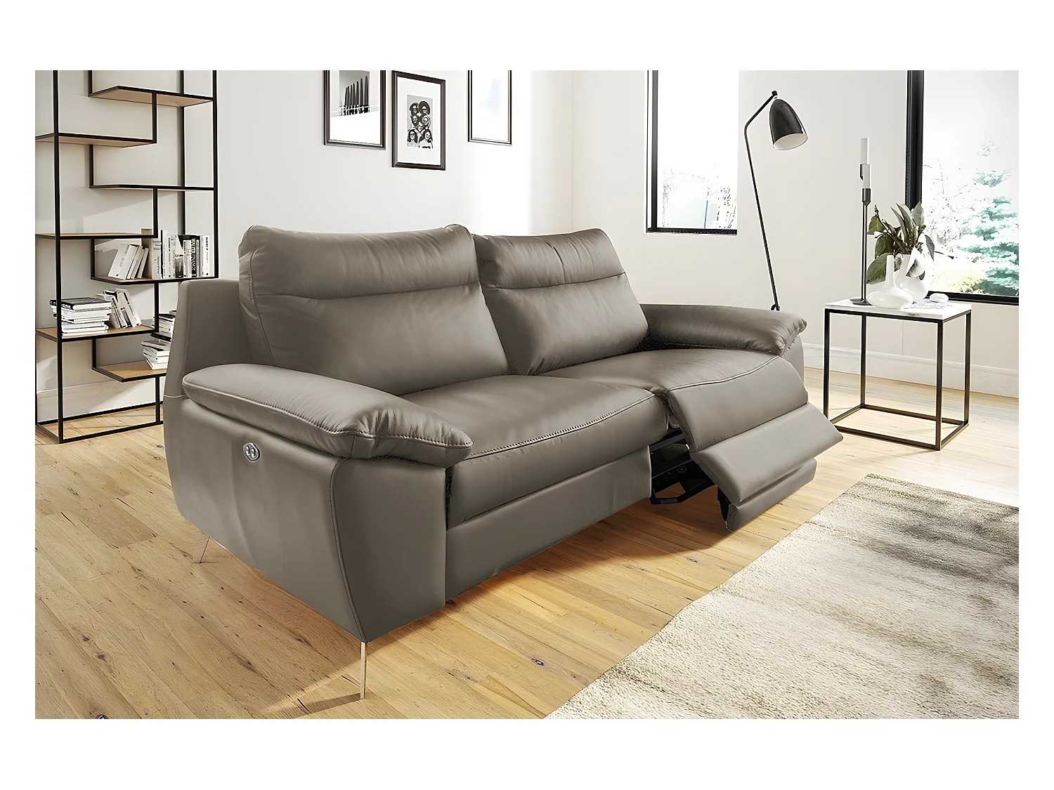 2-zitsbank van dik Italiaans luxe leer met 2 elektrische relaxfuncties, PERINI, taupe