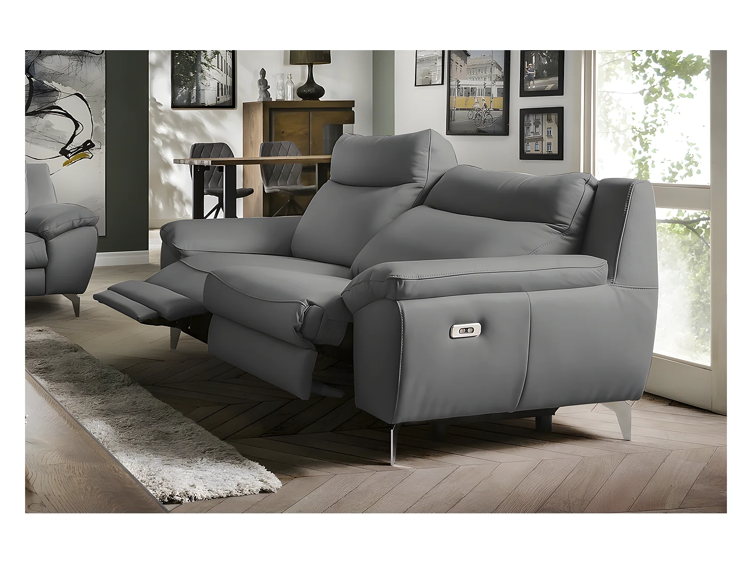 Canapé 3 places avec 2 relax électriques en 100% tout cuir épais de luxe italien, PERINI, gris