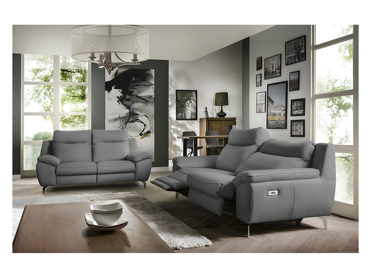 Canapé 3 places avec 2 relax électriques en 100% tout cuir épais de luxe italien, PERINI, gris