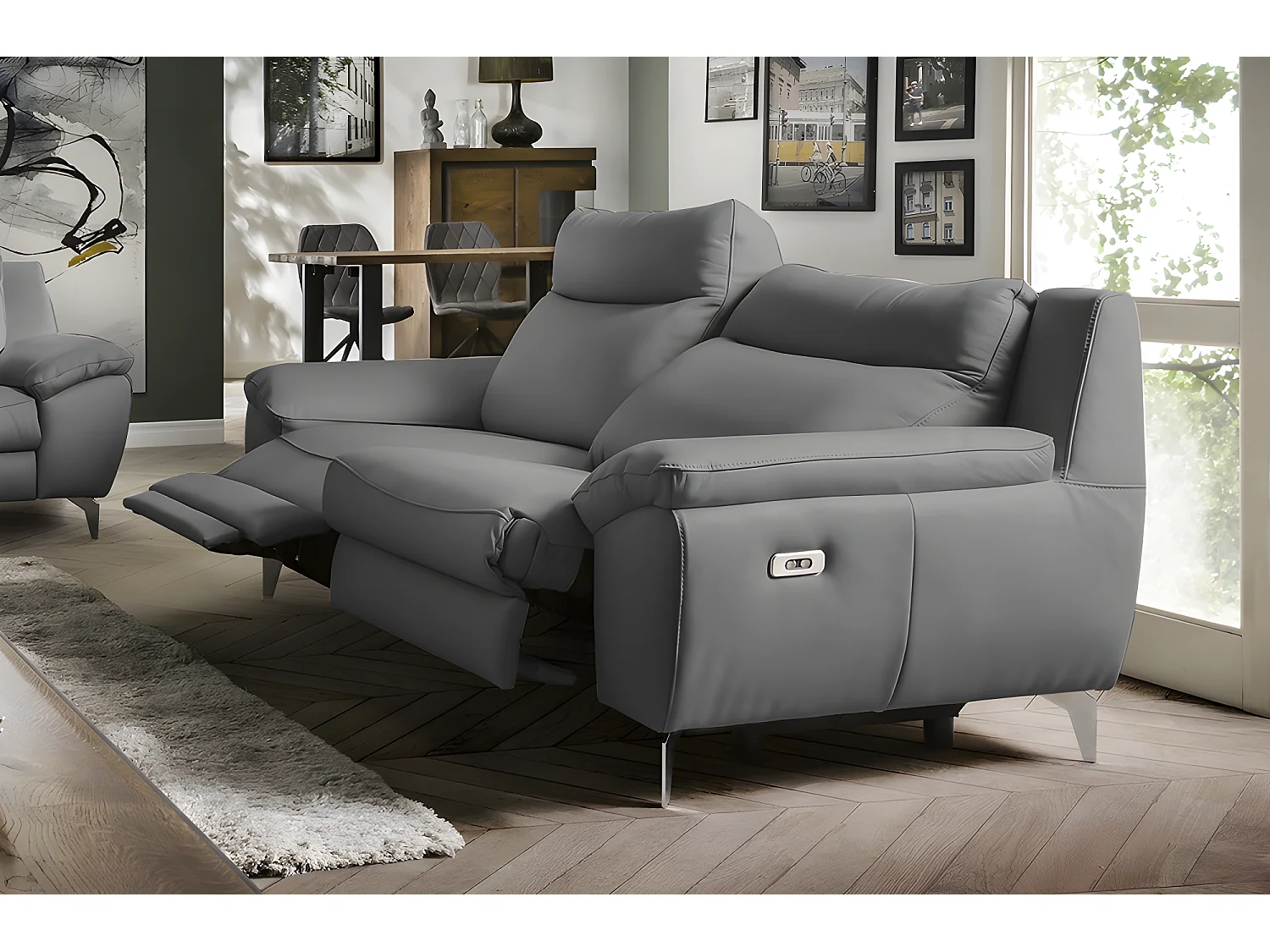 Canapé 3 places avec 2 relax électriques en 100% tout cuir épais de luxe italien, PERINI, gris