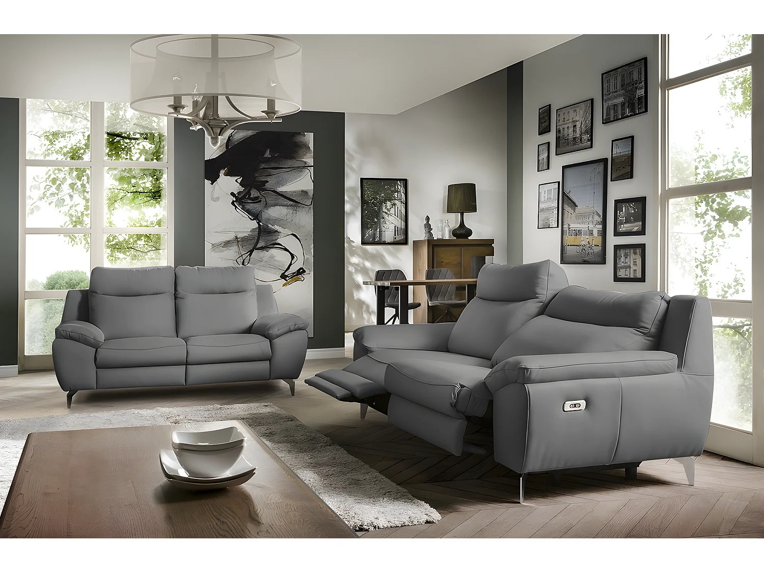 Canapé 3 places avec 2 relax électriques en 100% tout cuir épais de luxe italien, PERINI, gris