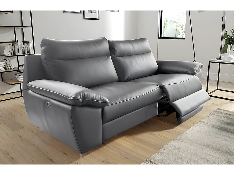 Canapé 3 places avec 2 relax électriques en 100% tout cuir épais de luxe italien, PERINI, gris