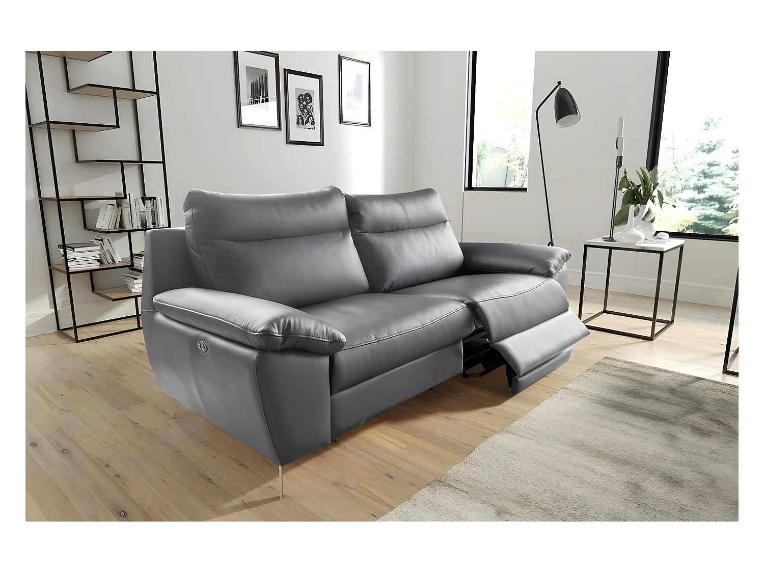 Elektrische relaxbank PERINI met 2 zitplaatsen van dik luxe Italiaans leer, grijs