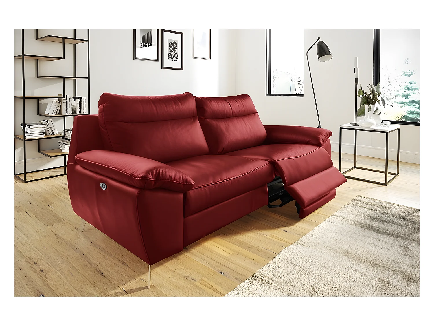 Luxe 3-zitsbank van dik Italiaans leer met 2 elektrische relaxen, PERINI, donkerrood