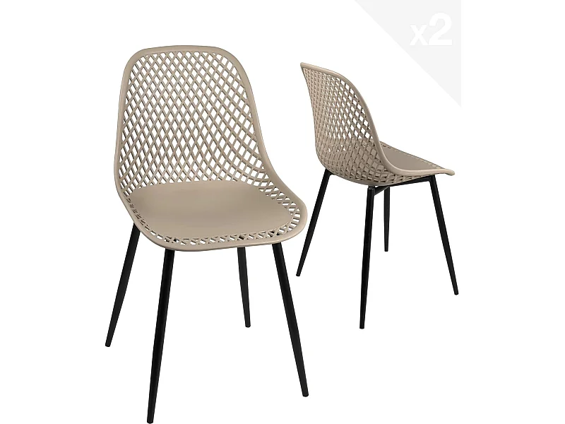 Lot 2 chaises de cuisine design, siège plastique souple ajouré, pieds métal SELI (gris beige)