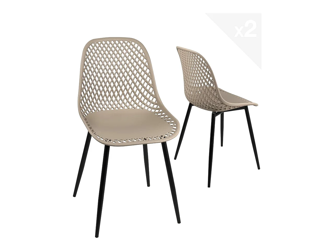 Lot 2 chaises de cuisine design, siège plastique souple ajouré, pieds métal SELI (gris beige)