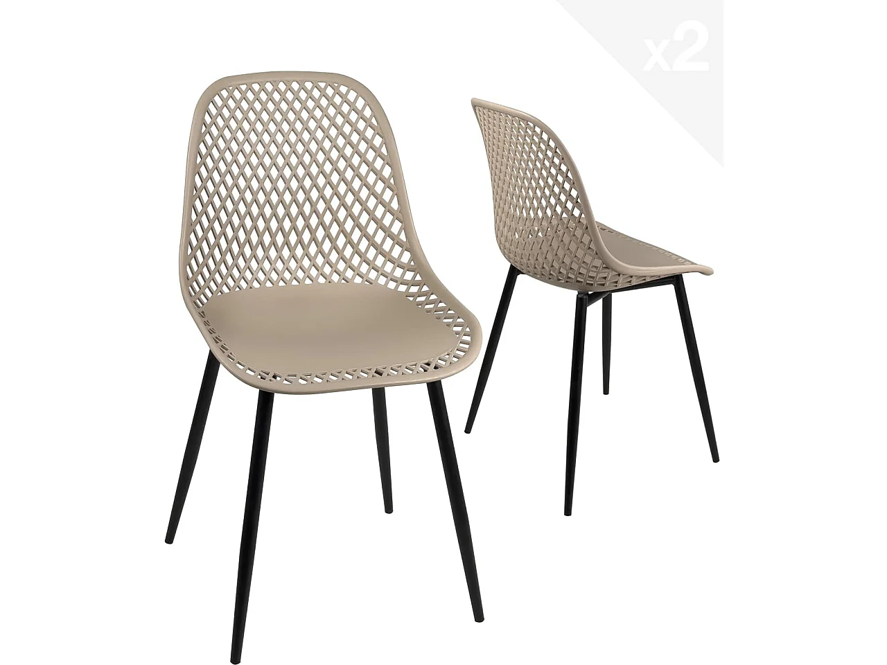 Lot 2 chaises de cuisine design, siège plastique souple ajouré, pieds métal SELI (gris beige)