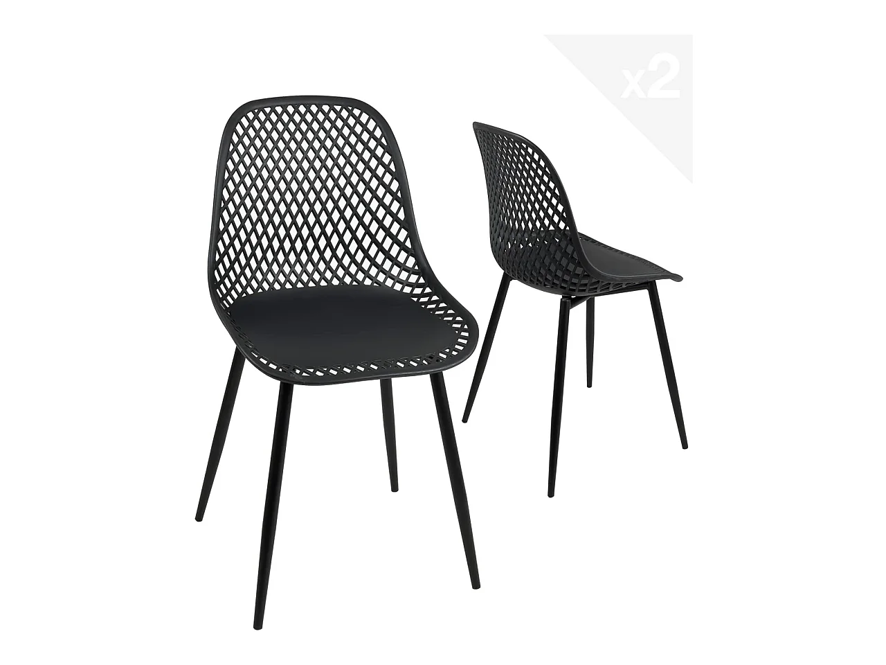 Lot 2 chaises de cuisine design, siège plastique souple ajouré, pieds métal SELI (noir)