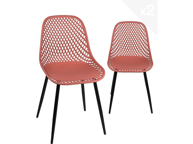 Lot 2 chaises de cuisine design, siège plastique souple ajouré, pieds métal SELI (rouge)