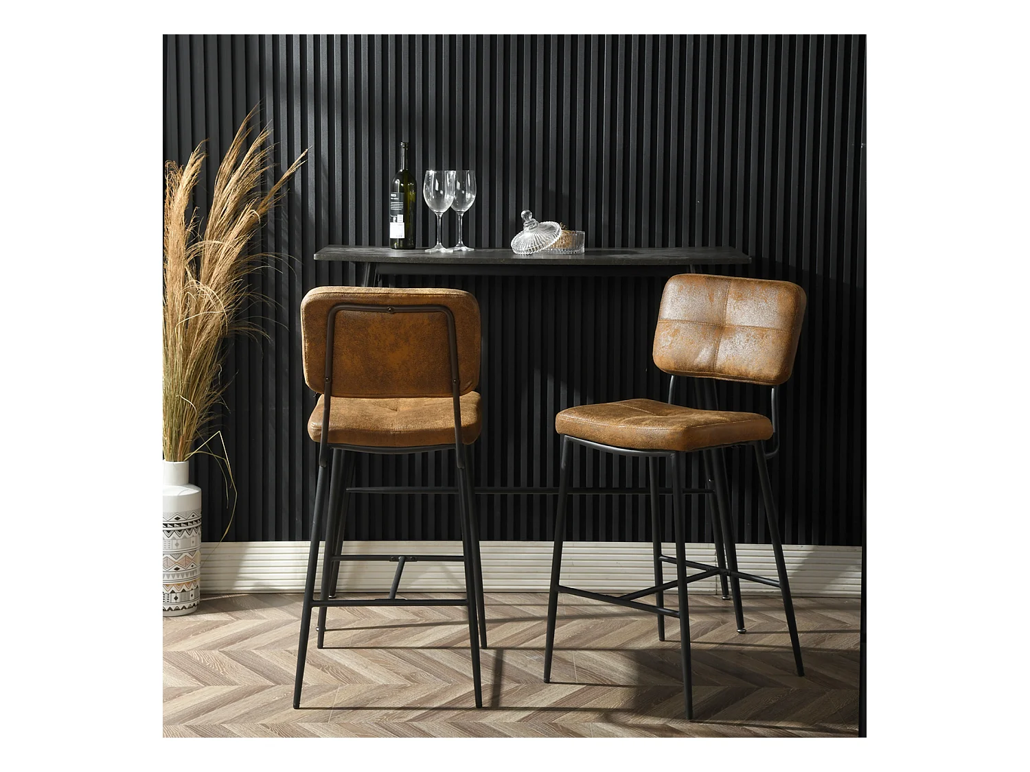 Lot De 2 Tabouret De Bar Industriel Avec Dossier Et Repose-pieds, Siège Rembourrés Marron