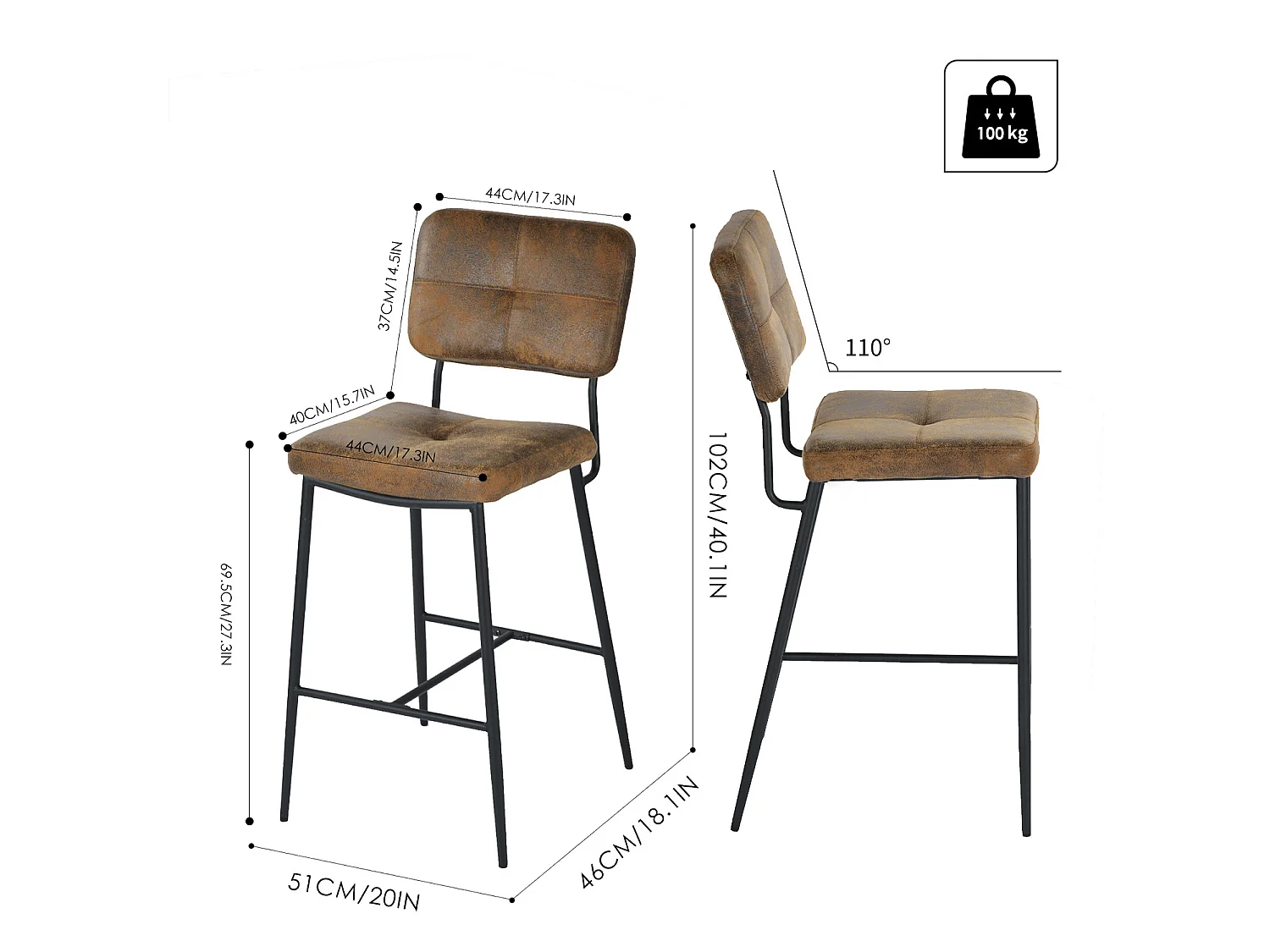 Lot De 2 Tabouret De Bar Industriel Avec Dossier Et Repose-pieds, Siège Rembourrés Marron