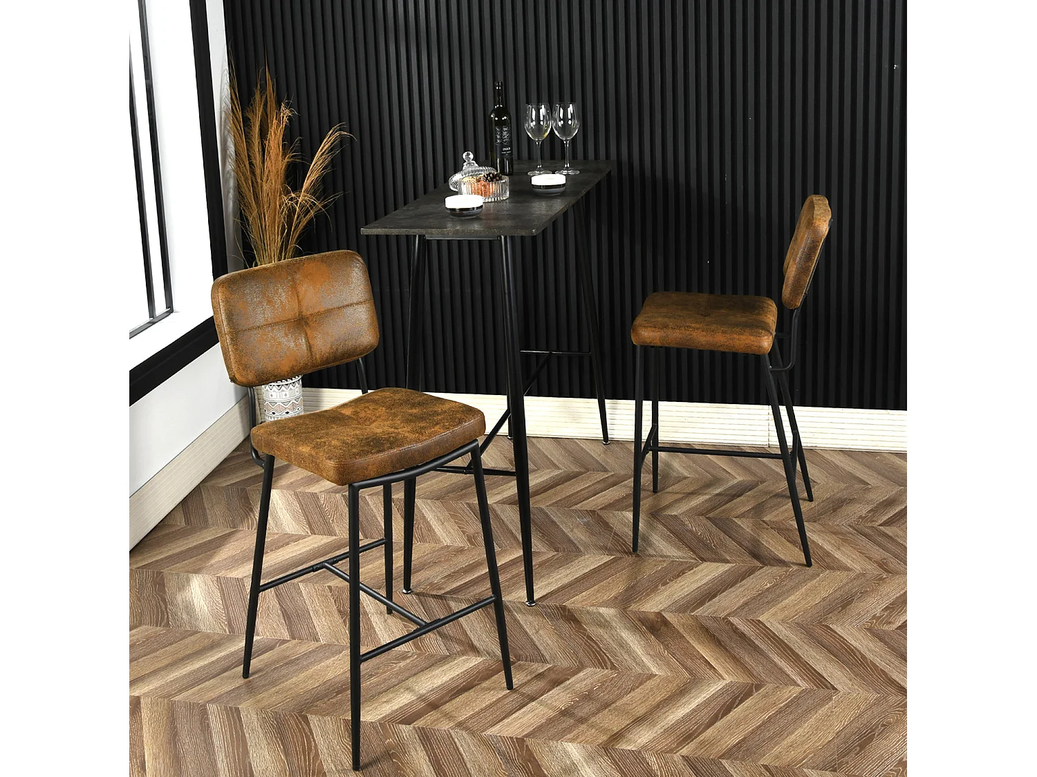 Lot De 2 Tabouret De Bar Industriel Avec Dossier Et Repose-pieds, Siège Rembourrés Marron