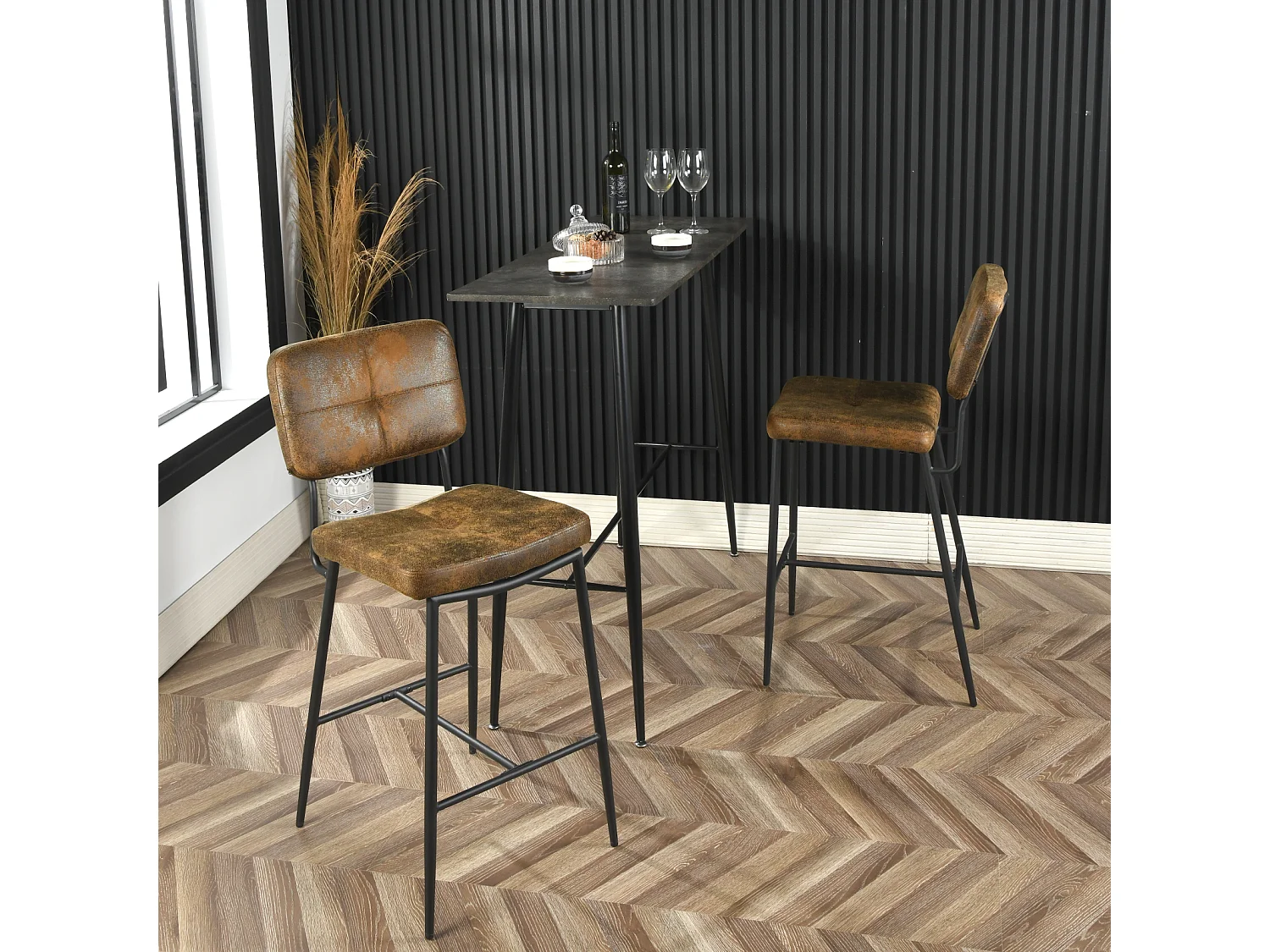 Lot De 2 Tabouret De Bar Industriel Avec Dossier Et Repose-pieds, Siège Rembourrés Marron