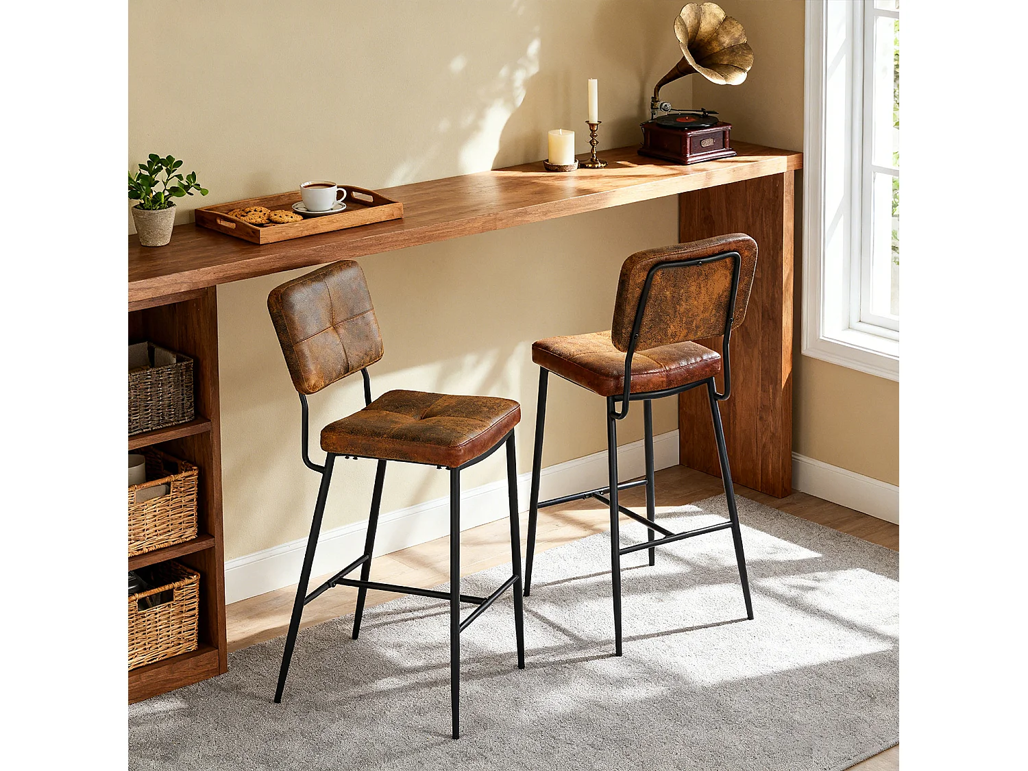 Lot de 2 tabouret de bar style rétro vintage en tissu marron