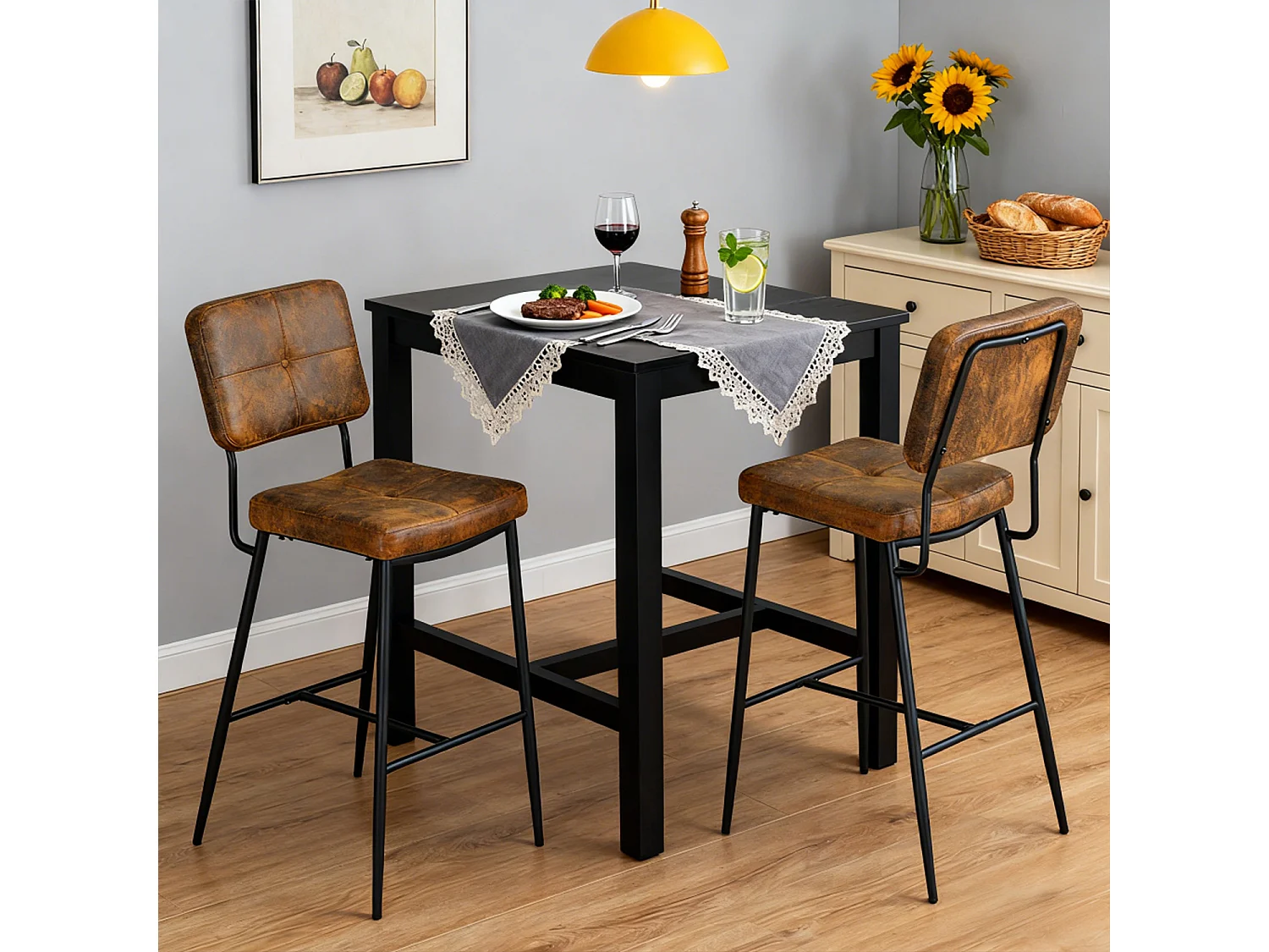 Lot de 2 tabouret de bar style rétro vintage en tissu marron
