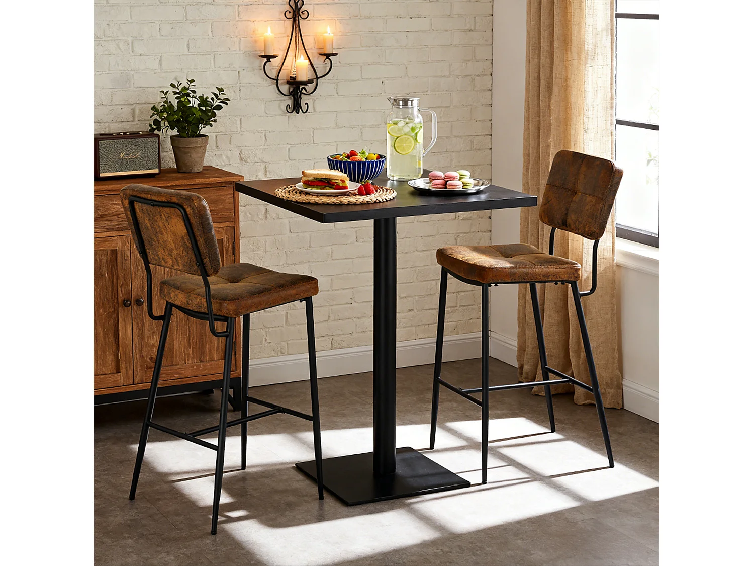 Lot de 2 tabouret de bar style rétro vintage en tissu marron