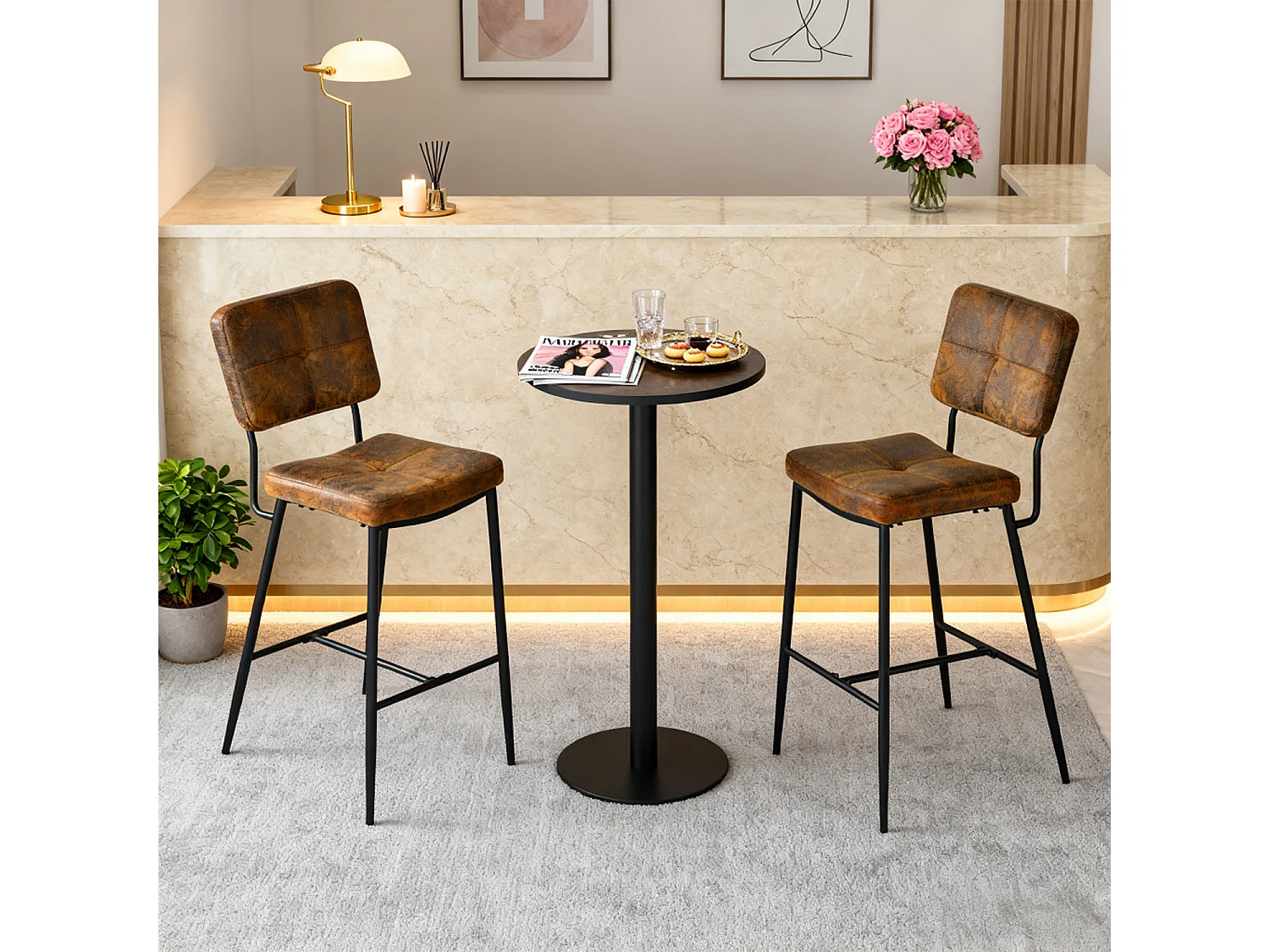 Lot de 2 tabouret de bar style rétro vintage en tissu marron