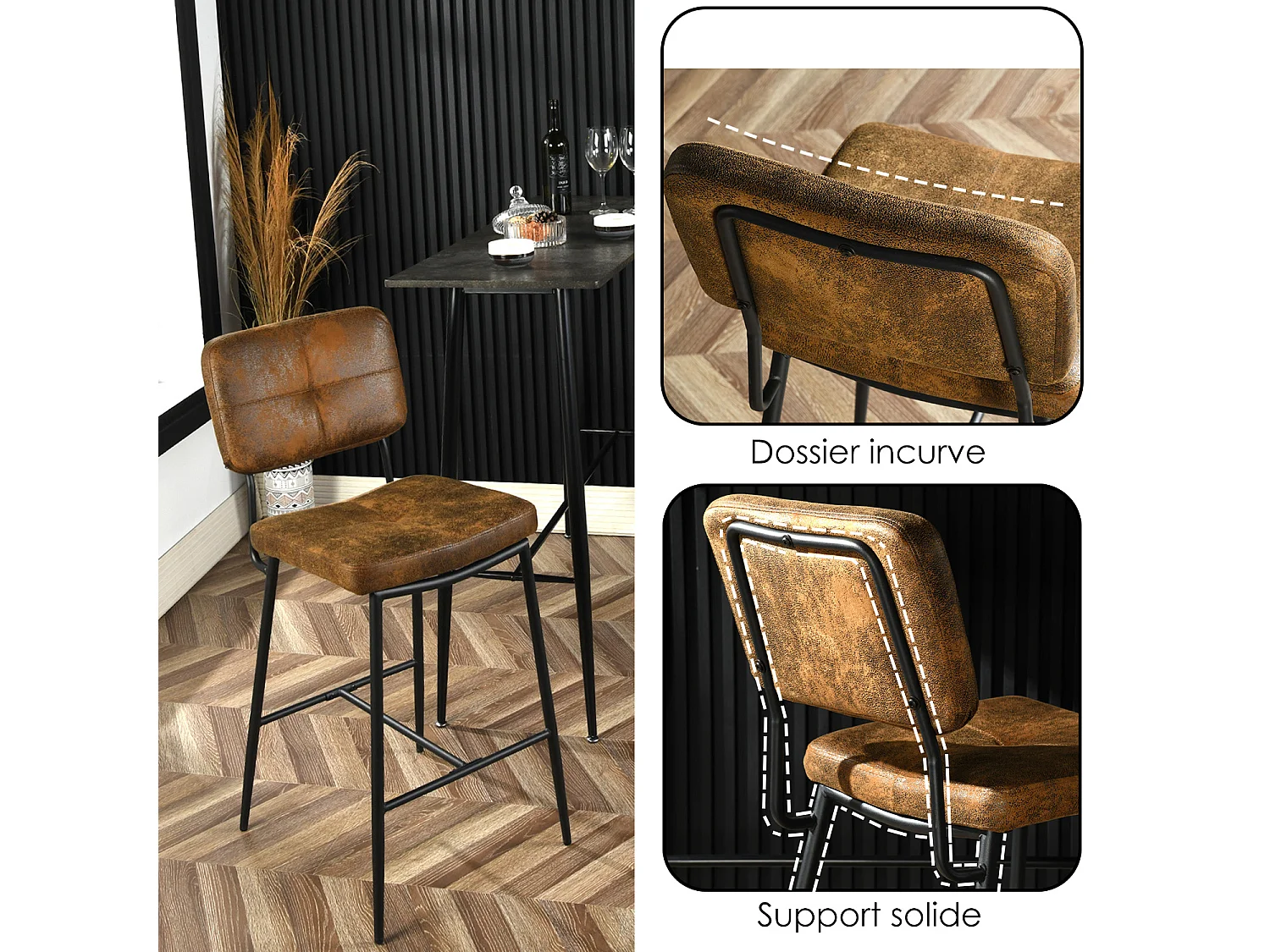 Lot de 2 tabouret de bar style rétro vintage en tissu marron