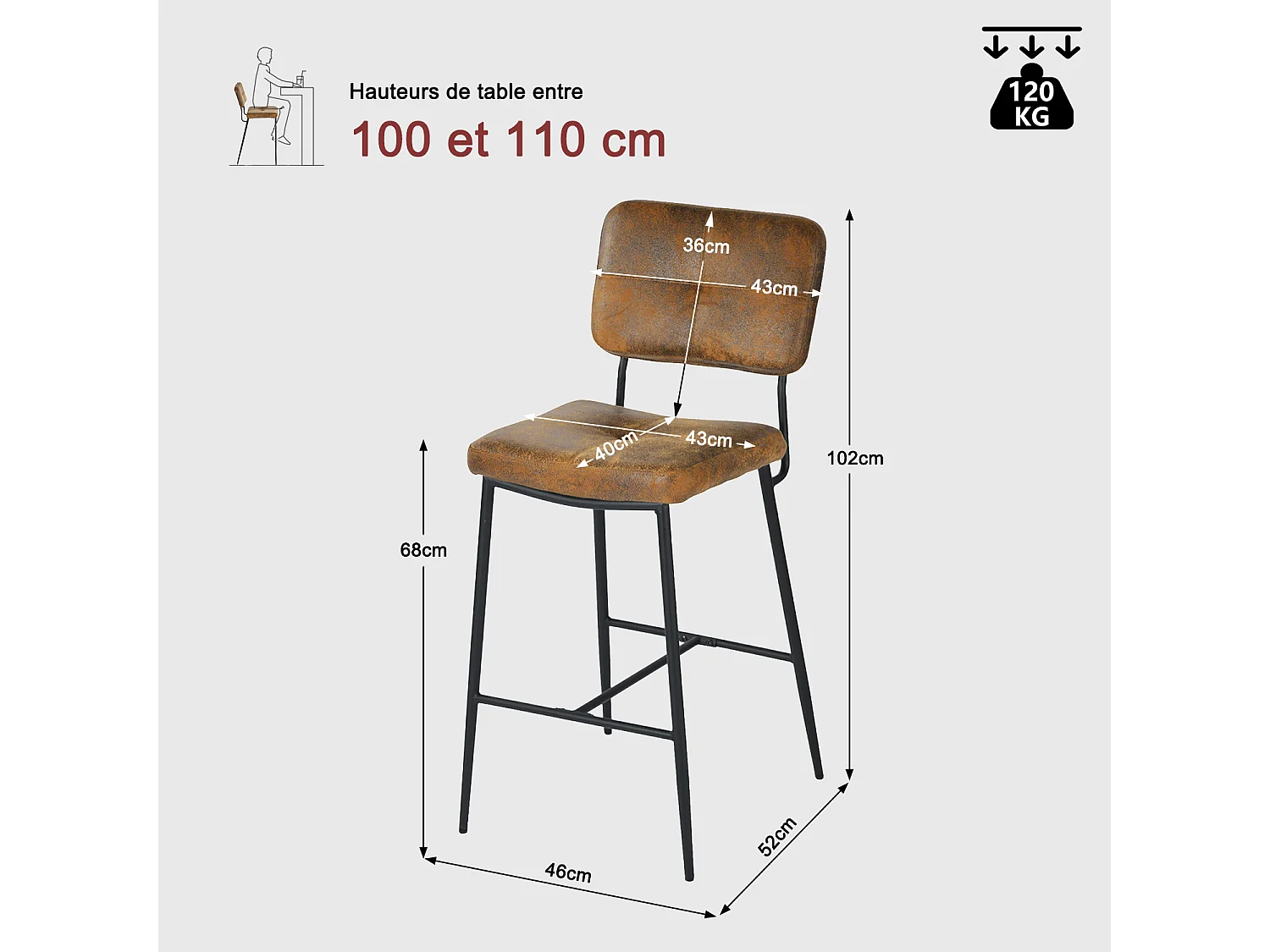 Lot de 2 tabouret de bar style rétro vintage en tissu marron