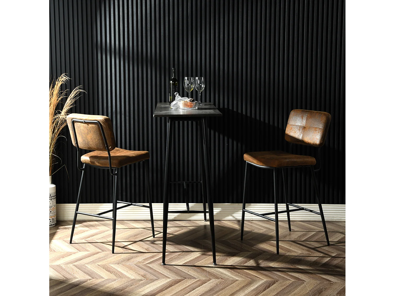 Lot De 4 Tabouret De Bar Industriel Avec Dossier Et Repose-pieds, Siège Rembourrés Marron