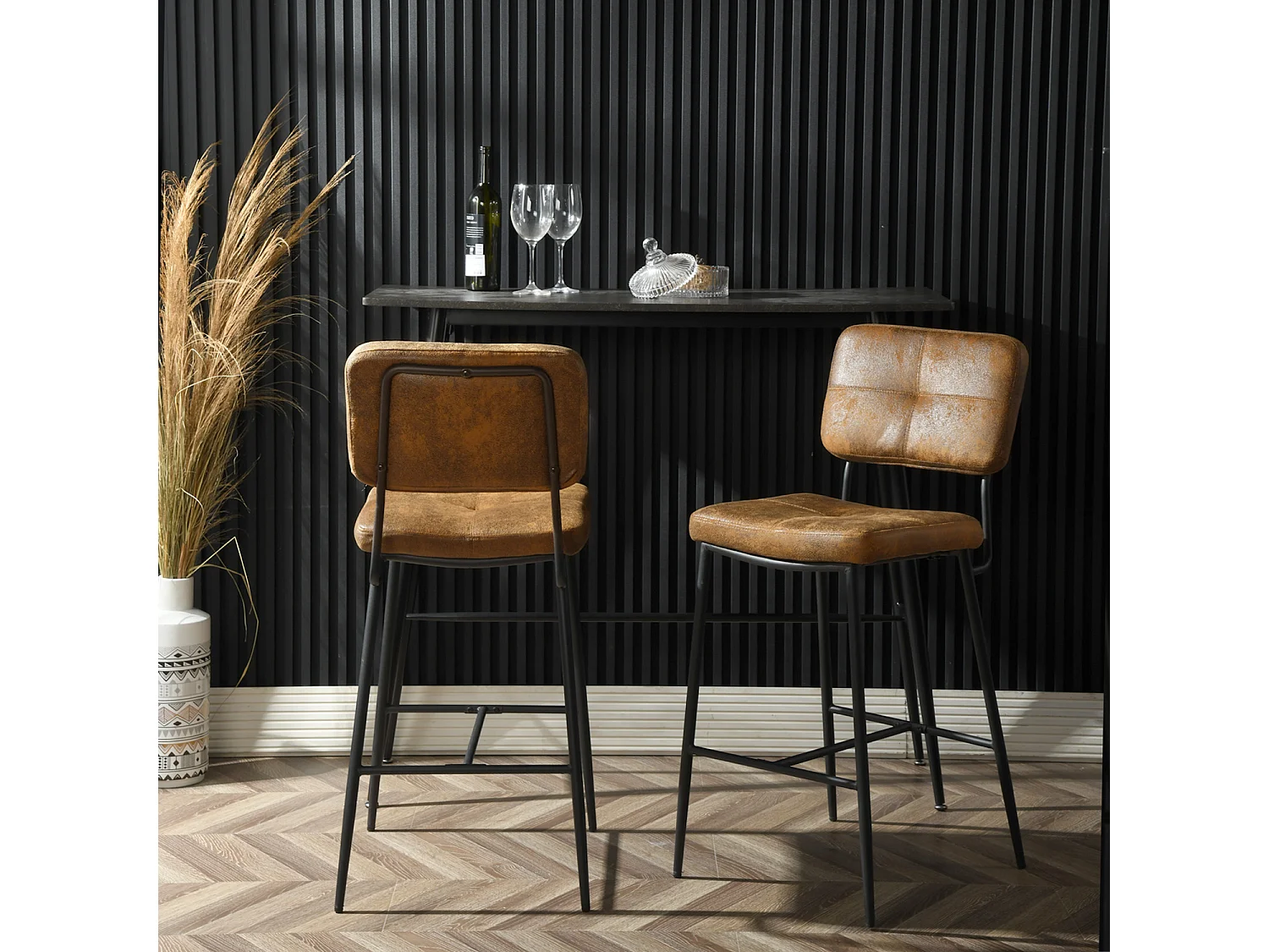 Lot De 4 Tabouret De Bar Industriel Avec Dossier Et Repose-pieds, Siège Rembourrés Marron