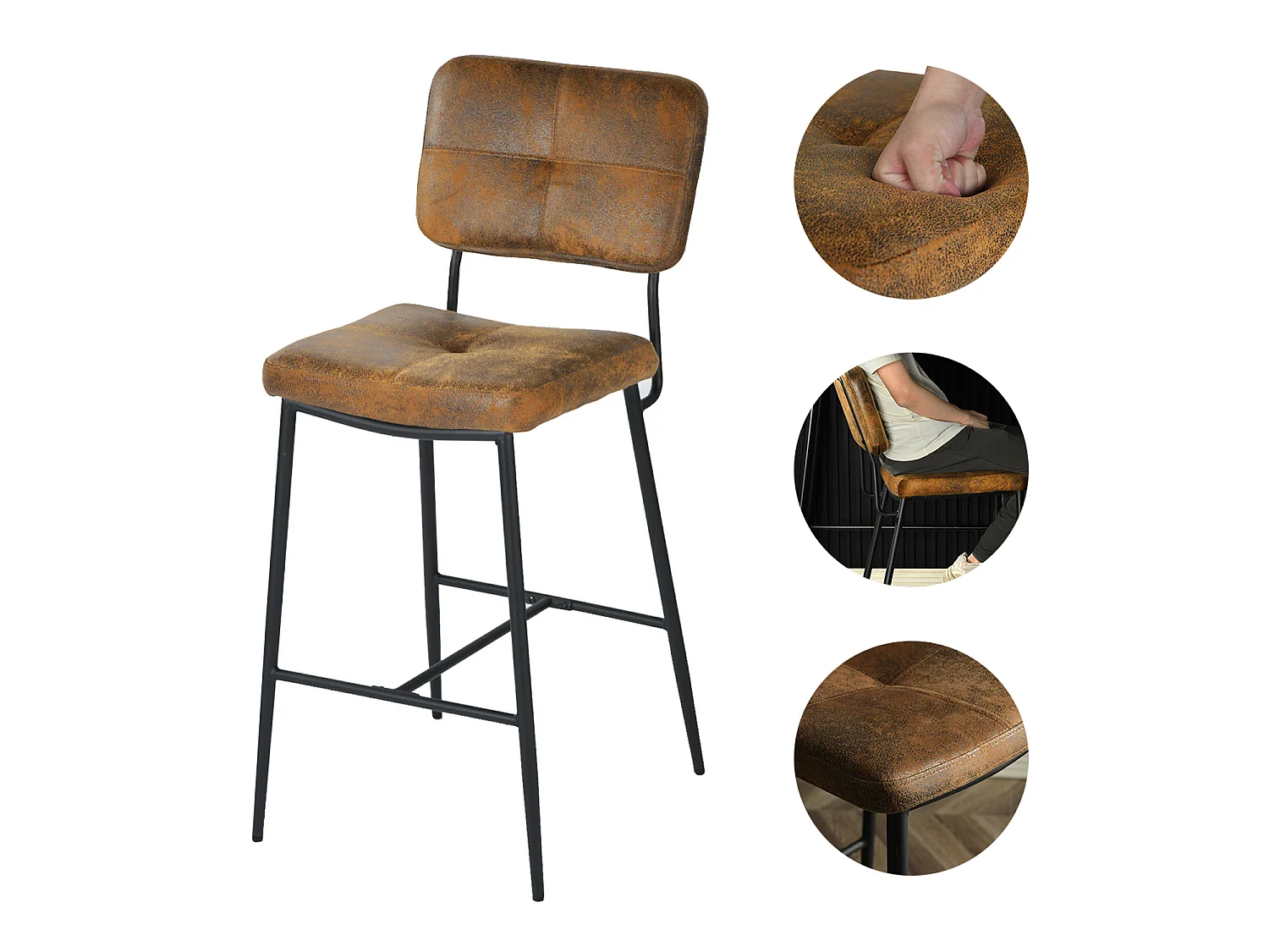 Lot De 4 Tabouret De Bar Industriel Avec Dossier Et Repose-pieds, Siège Rembourrés Marron