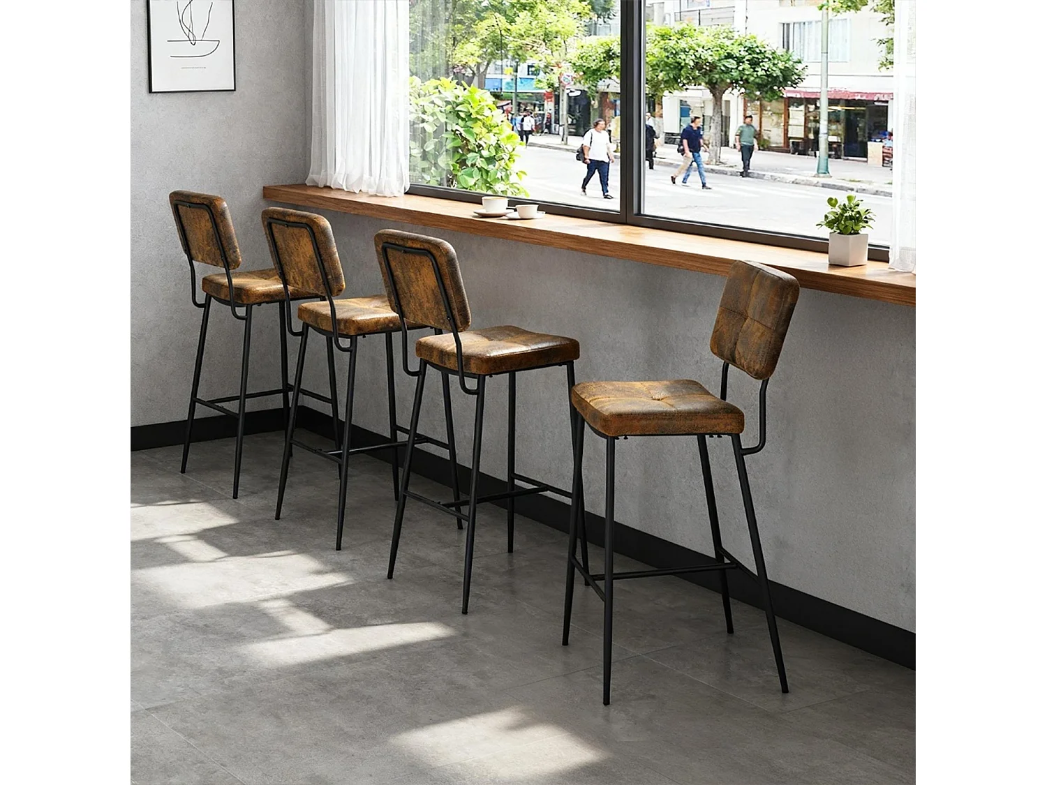 Lot De 4 Tabouret De Bar Industriel Avec Dossier Et Repose-pieds, Siège Rembourrés Marron