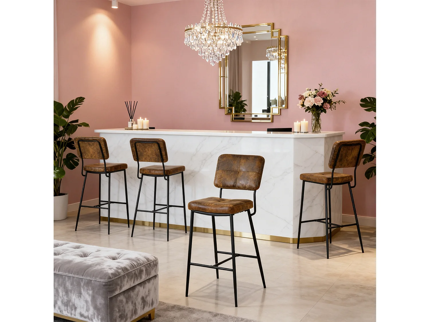 Lot De 4 Tabouret De Bar Industriel Avec Dossier Et Repose-pieds, Siège Rembourrés Marron