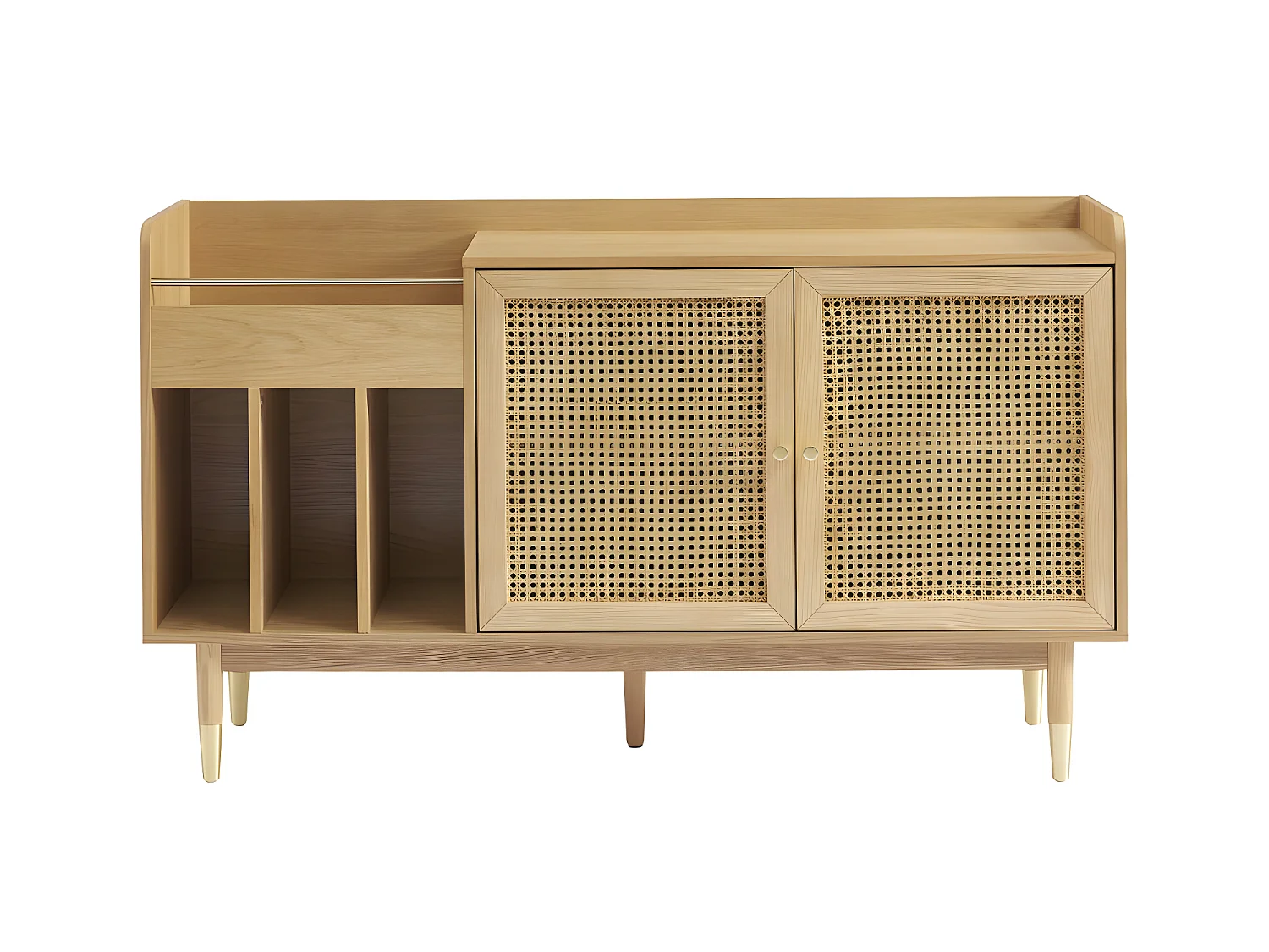 Bombong - Buffet avec rangement pour vinyles en bois et cannage L140cm - Bois clair