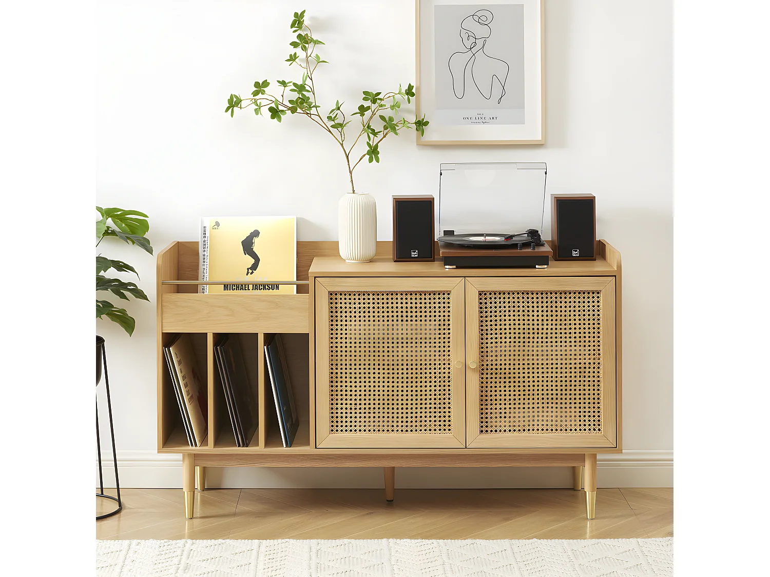 Bombong - Buffet avec rangement pour vinyles en bois et cannage L140cm - Bois clair