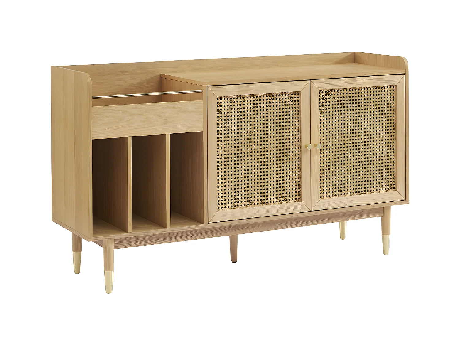 Bombong - Buffet avec rangement pour vinyles en bois et cannage L140cm - Bois clair