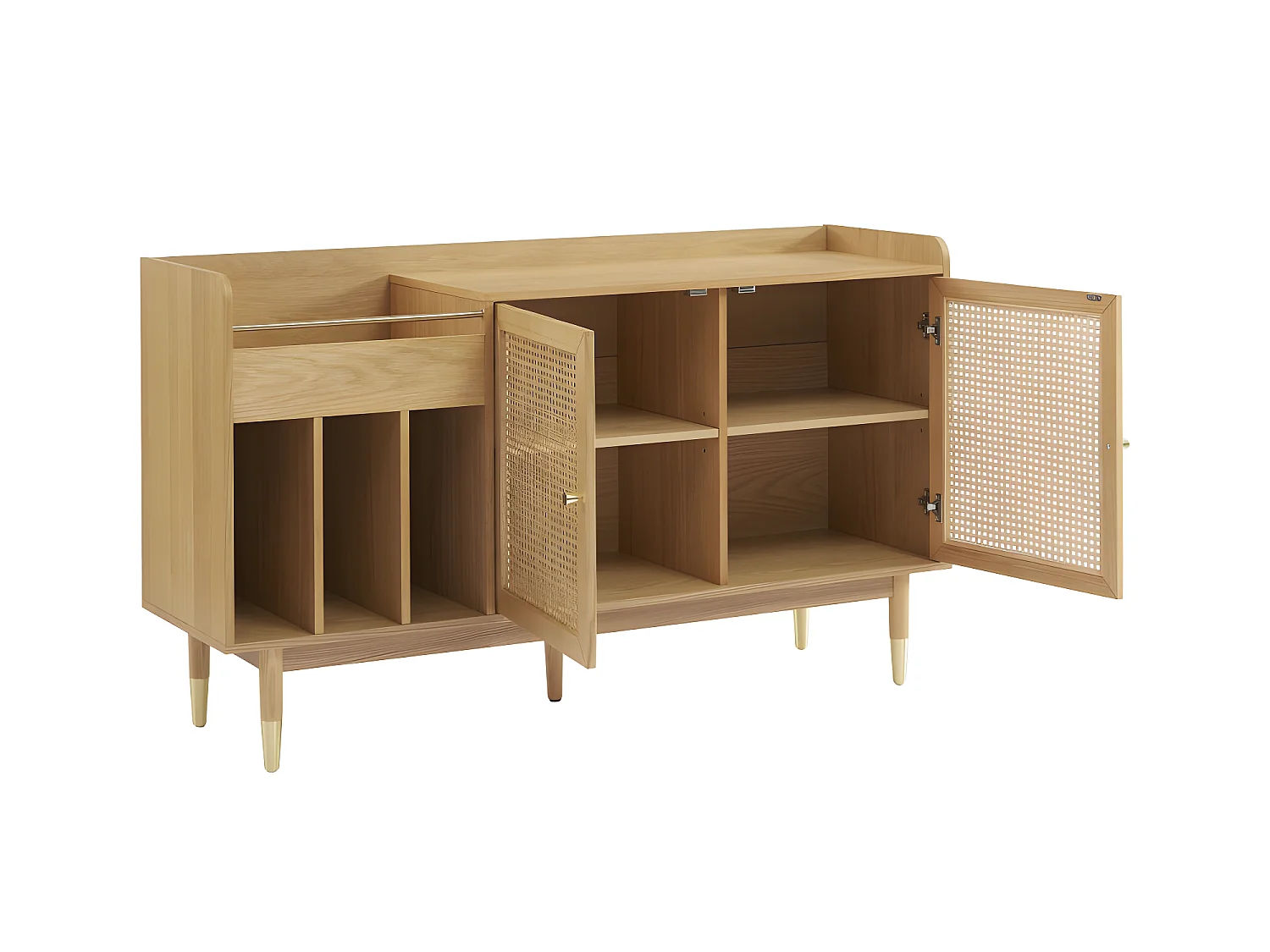 Bombong - Buffet avec rangement pour vinyles en bois et cannage L140cm - Bois clair