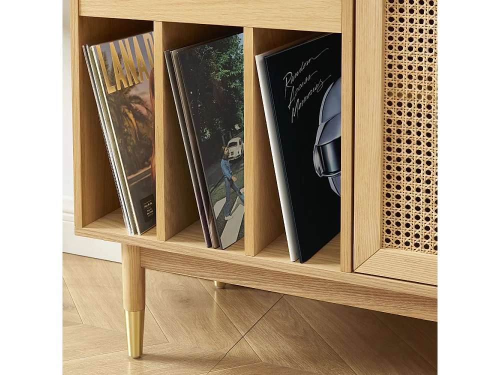 Bombong - Buffet avec rangement pour vinyles en bois et cannage L140cm - Bois clair