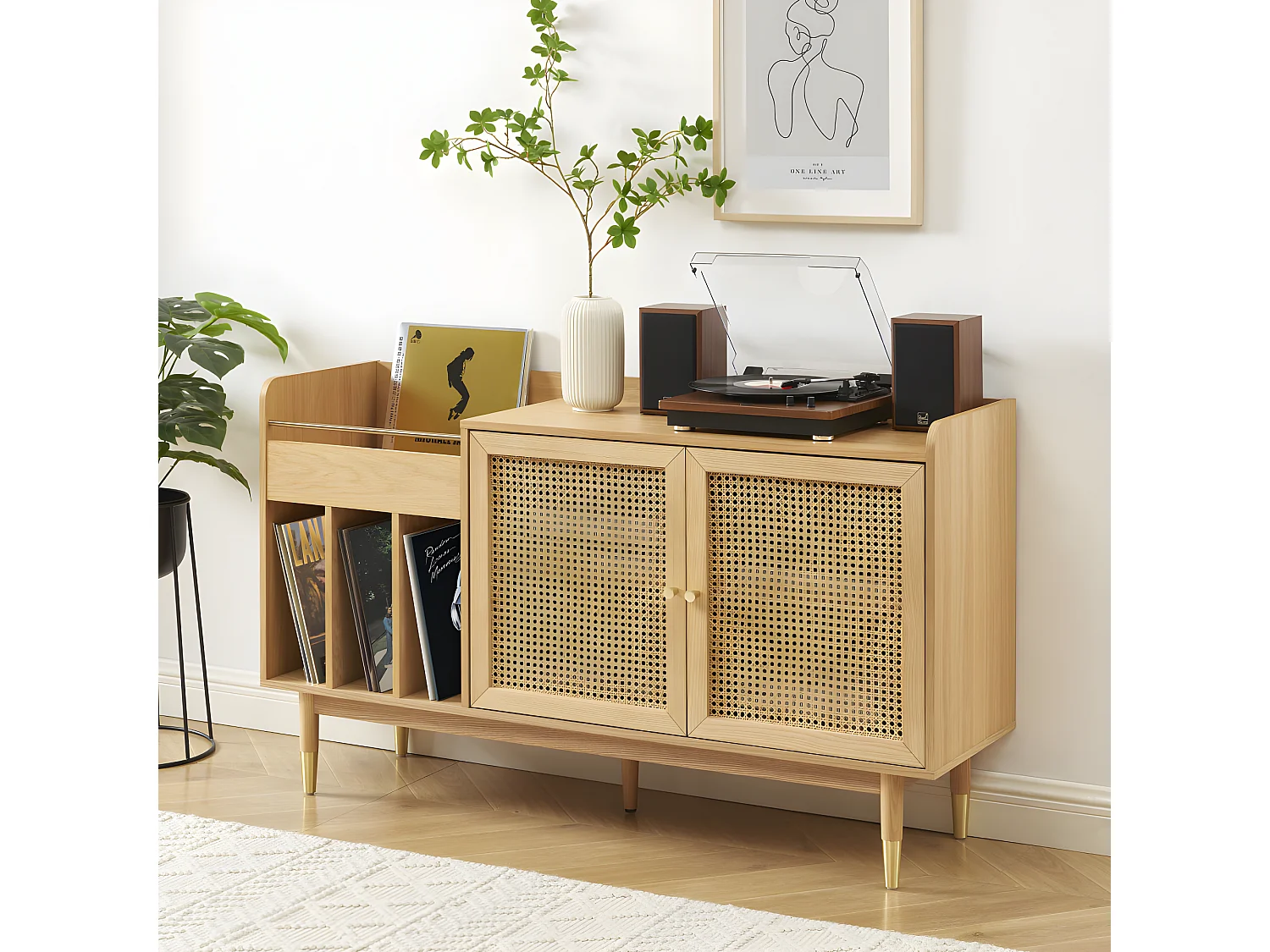 Bombong - Buffet avec rangement pour vinyles en bois et cannage L140cm - Bois clair