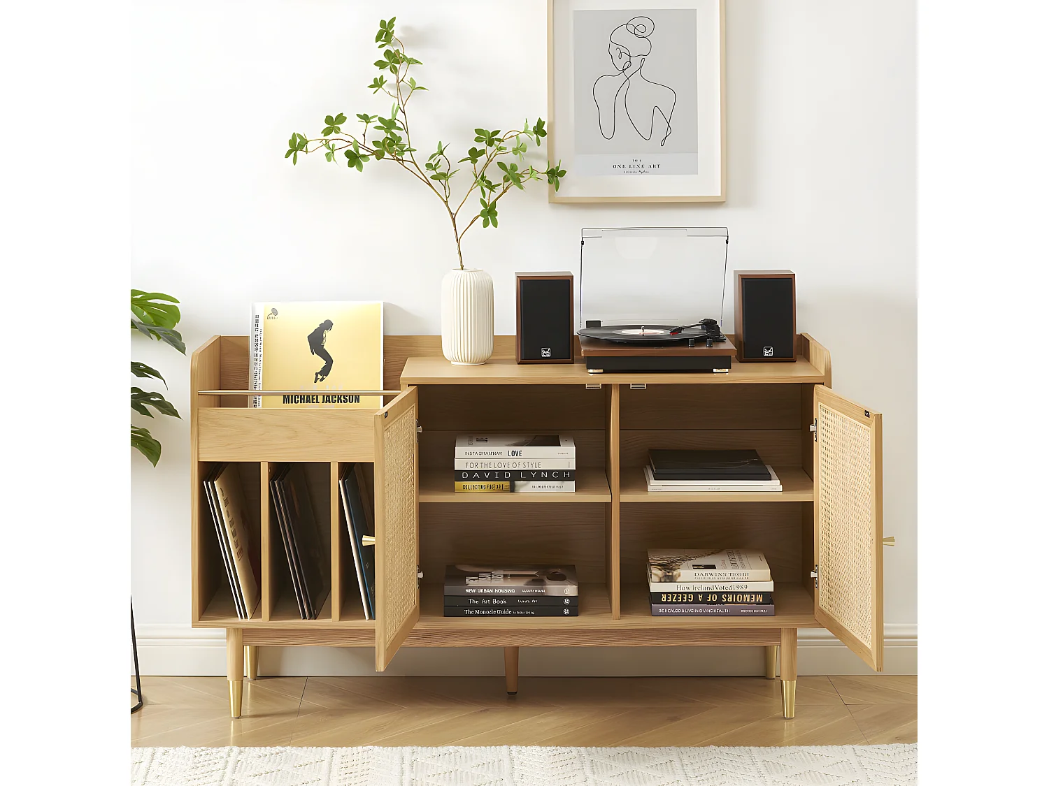 Bombong - Buffet avec rangement pour vinyles en bois et cannage L140cm - Bois clair