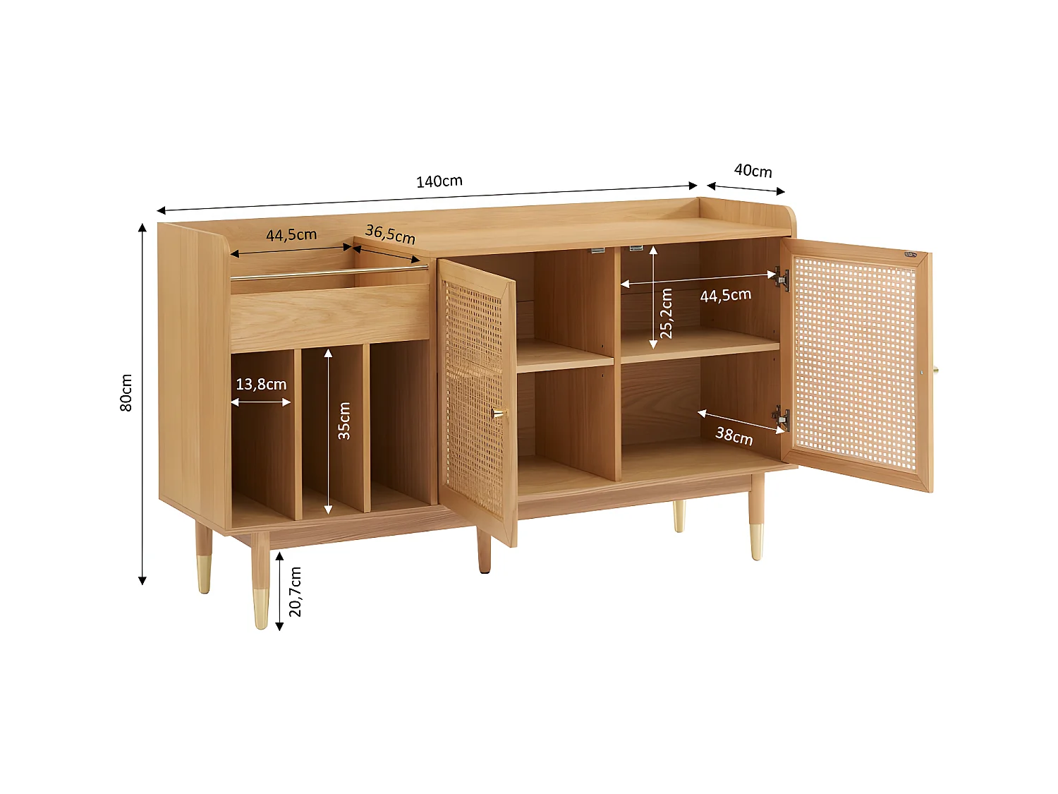 Bombong - Buffet avec rangement pour vinyles en bois et cannage L140cm - Bois clair