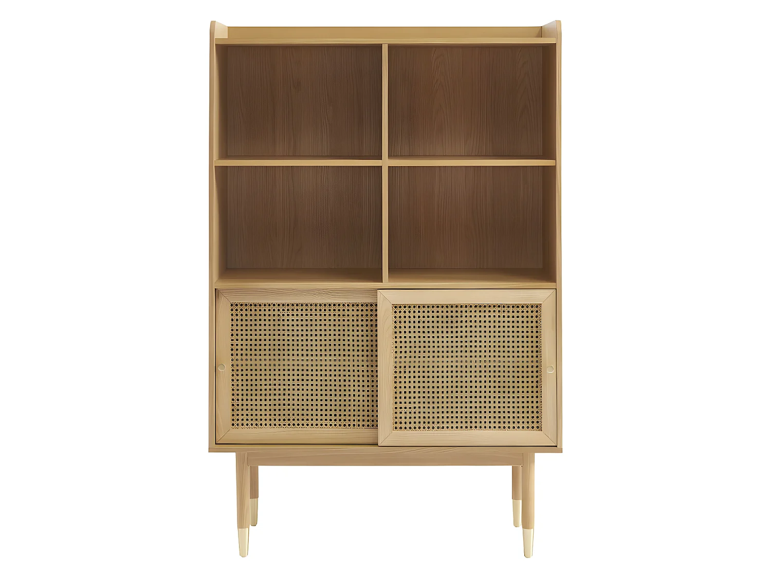 Bombong - Bibliothèque 2 portes, 4 niches en bois et cannage H152cm - Bois clair