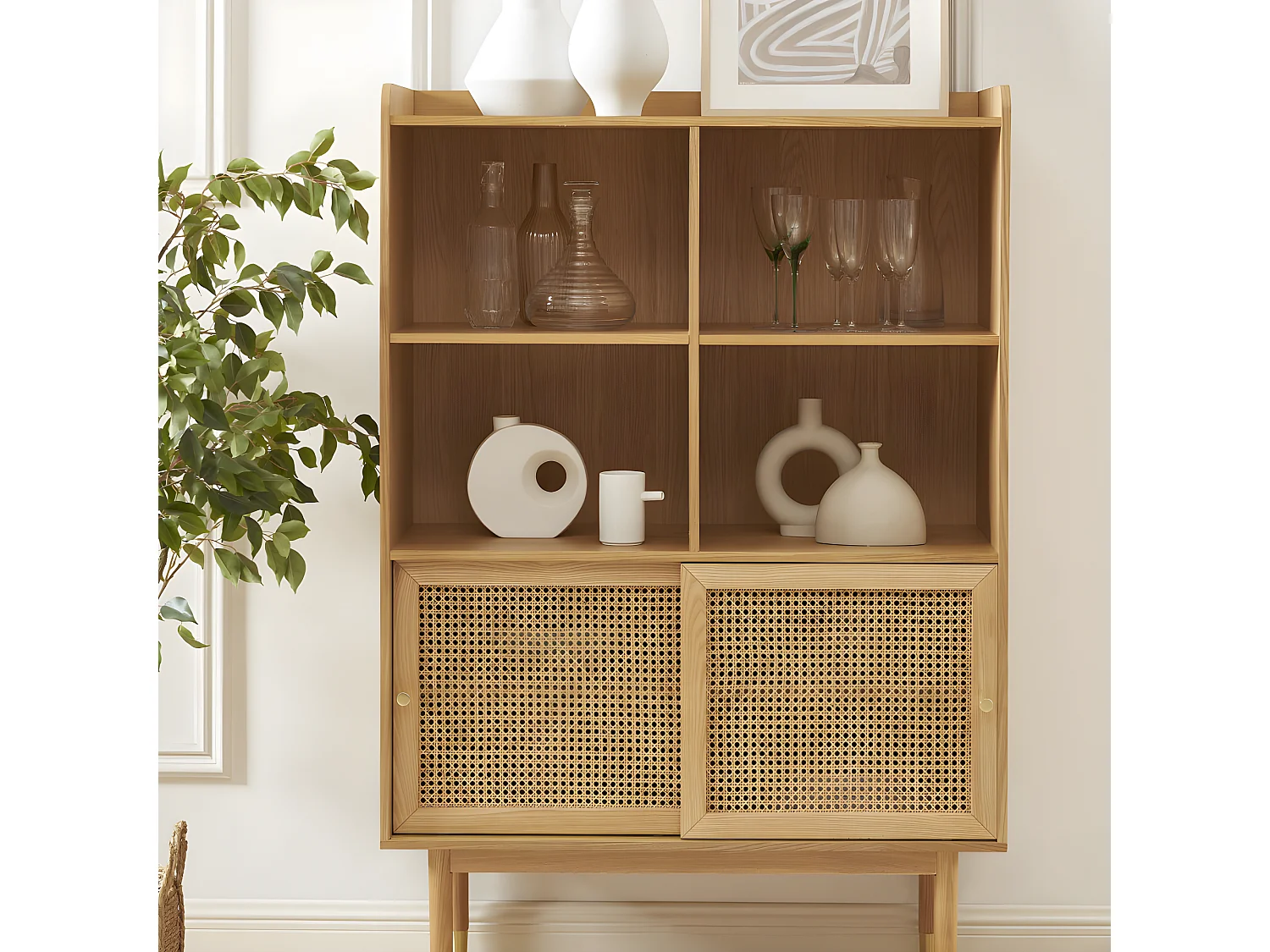 Bombong - Bibliothèque 2 portes, 4 niches en bois et cannage H152cm - Bois clair