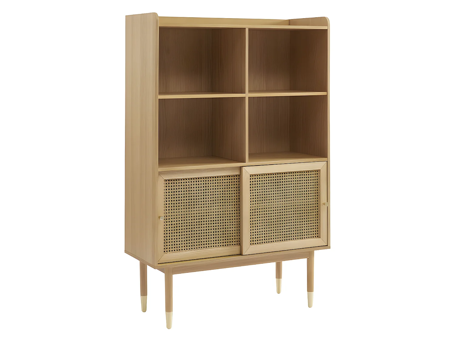 Bombong - Bibliothèque 2 portes, 4 niches en bois et cannage H152cm - Bois clair