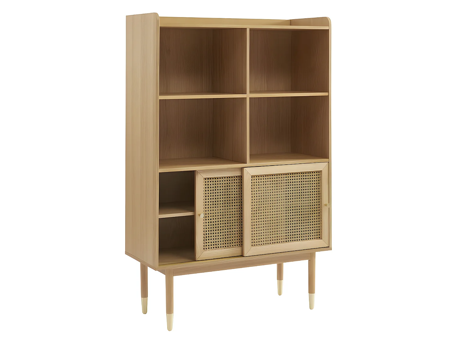 Bombong - Bibliothèque 2 portes, 4 niches en bois et cannage H152cm - Bois clair