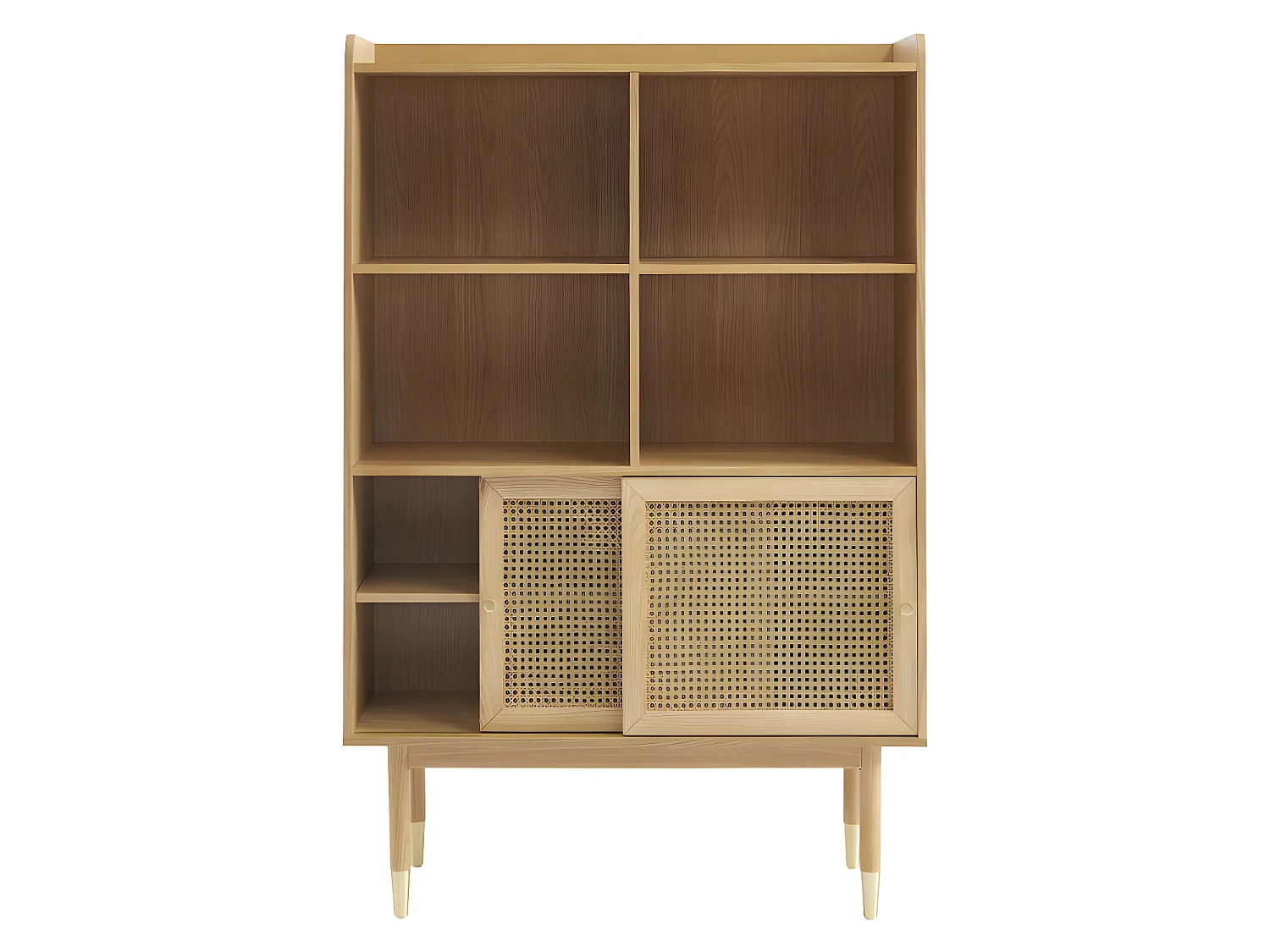 Bombong - Bibliothèque 2 portes, 4 niches en bois et cannage H152cm - Bois clair
