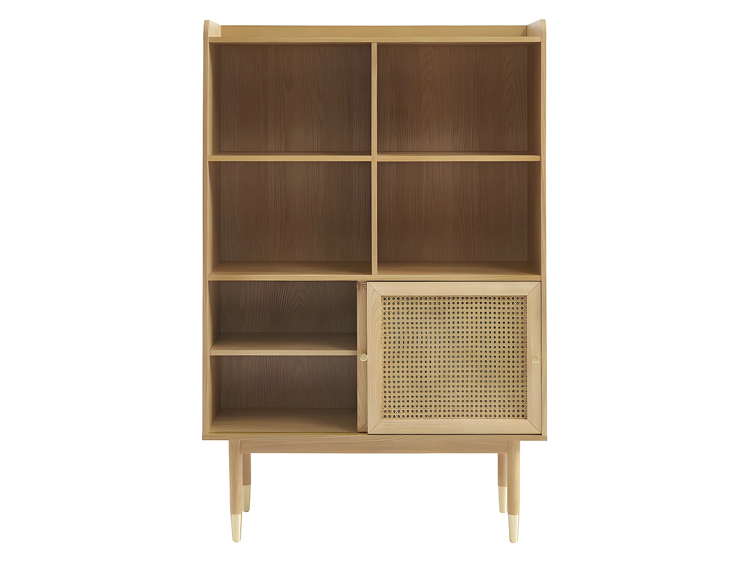 Bombong - Bibliothèque 2 portes, 4 niches en bois et cannage H152cm - Bois clair