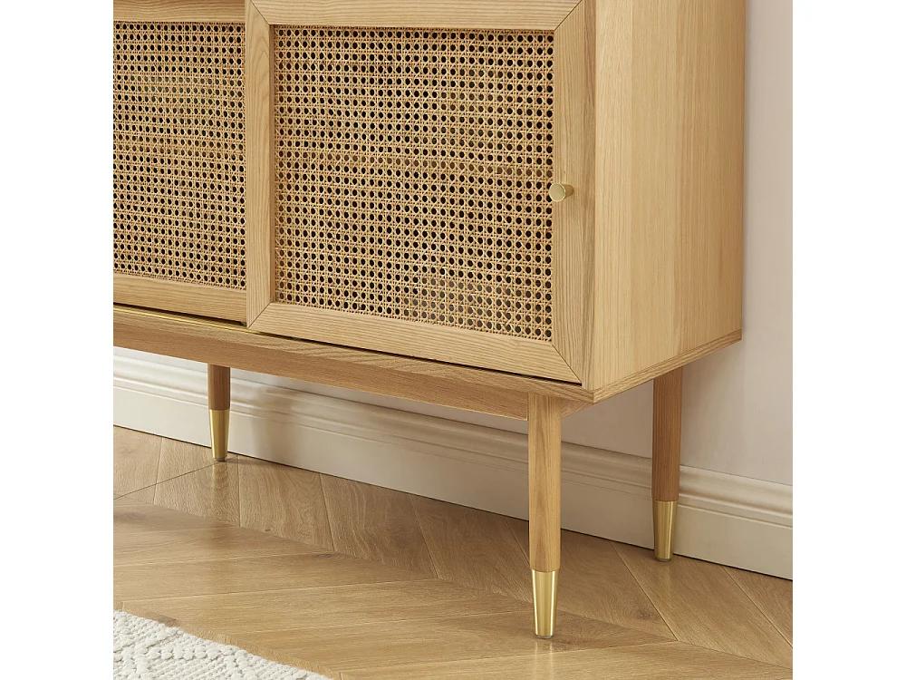 Bombong - Bibliothèque 2 portes, 4 niches en bois et cannage H152cm - Bois clair