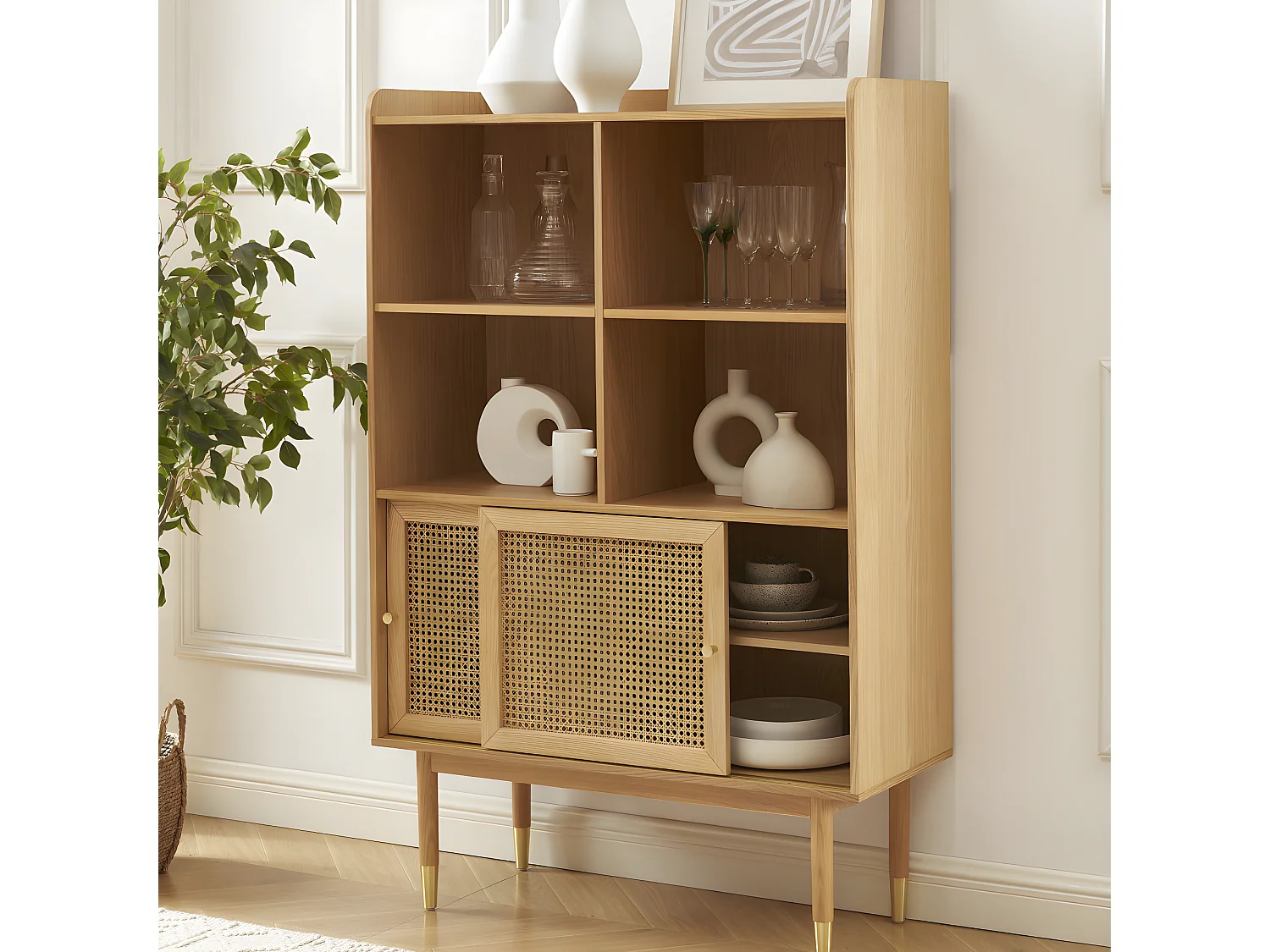 Bombong - Bibliothèque 2 portes, 4 niches en bois et cannage H152cm - Bois clair