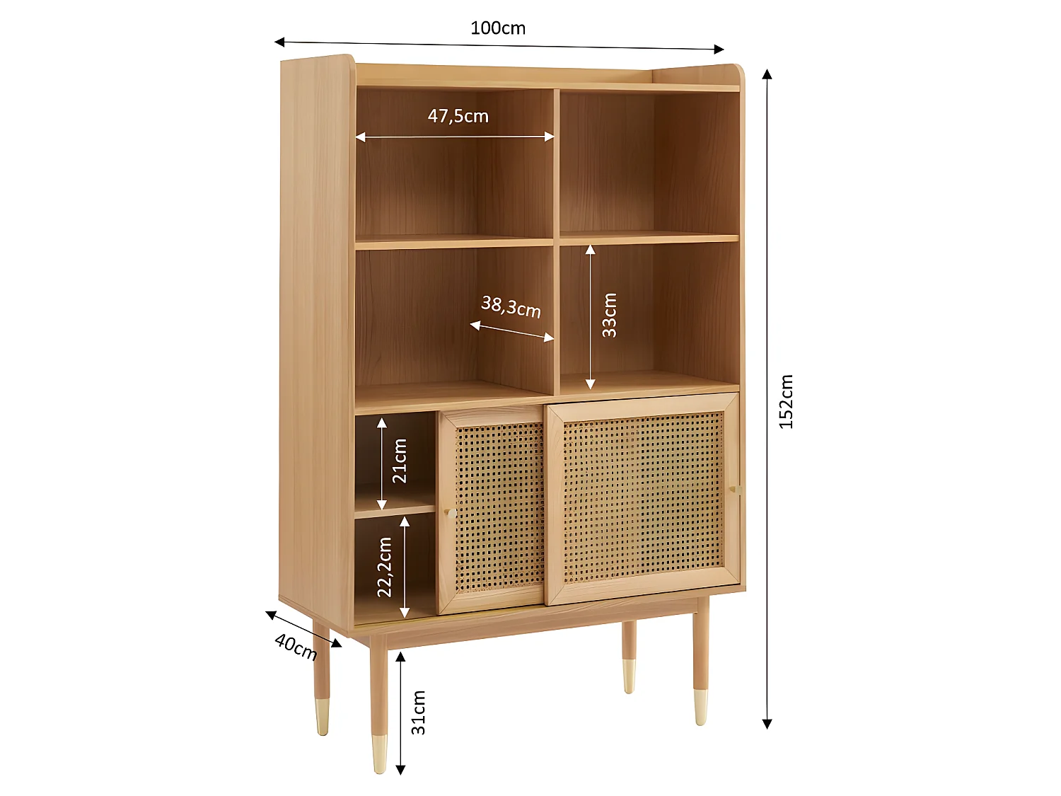 Bombong - Bibliothèque 2 portes, 4 niches en bois et cannage H152cm - Bois clair