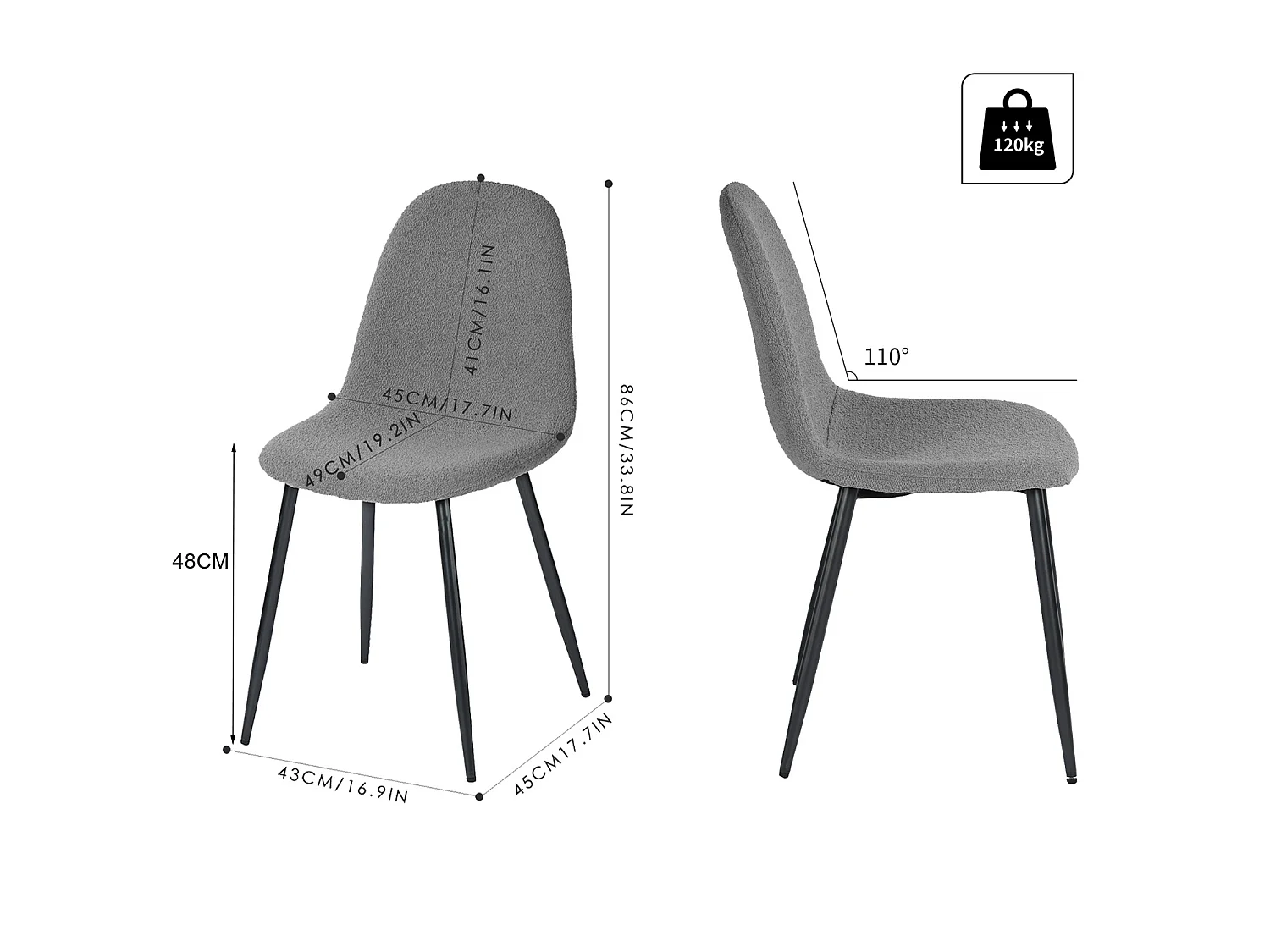 Lot De 4 Chaises De Salle À Manger Scandinave Avec Dossier Assise Rembourrée, Gris