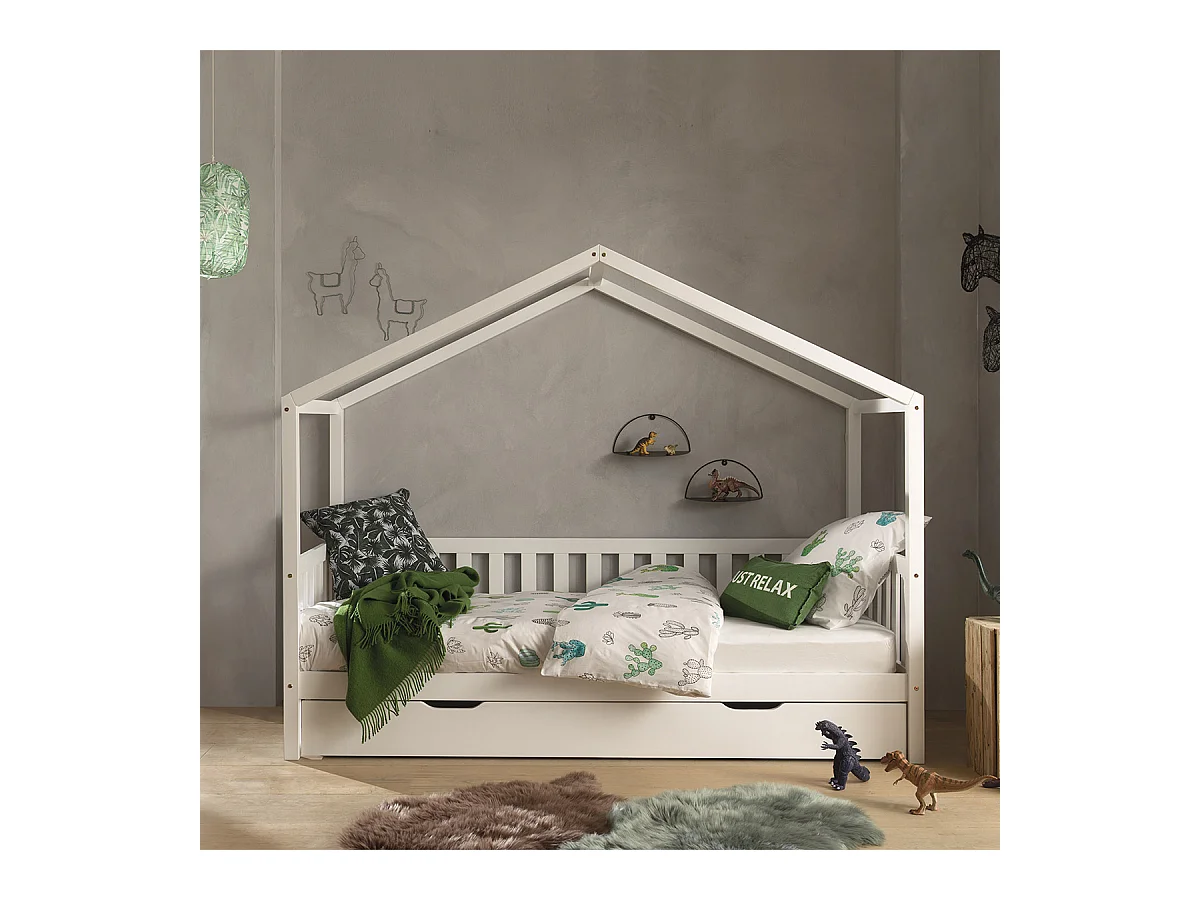 Pack - Lit Enfant, Barrière & Tiroir "Dallas II" 90x200cm Blanc